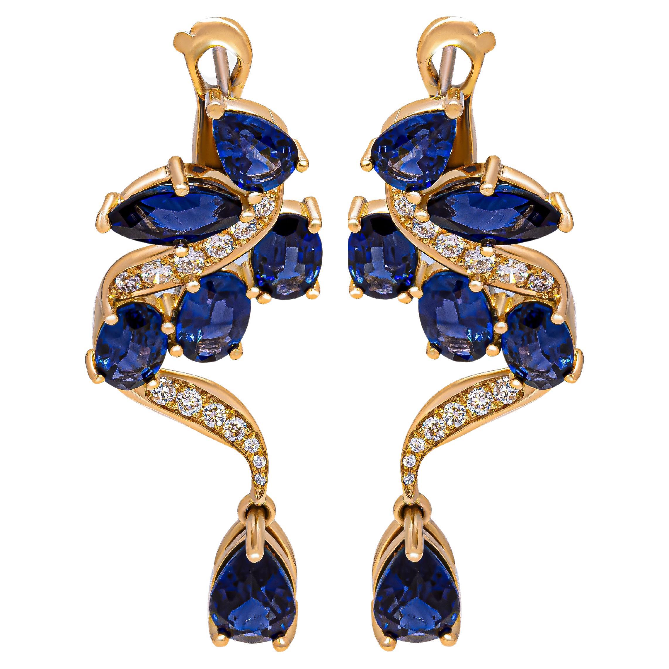 Drop Earrings with Blue Sapphire and Diamonds For Sale