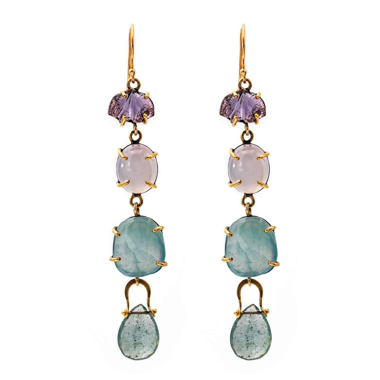 Drop Earrings with Carved Tourmaline and a Rainbow of Color For Sale
