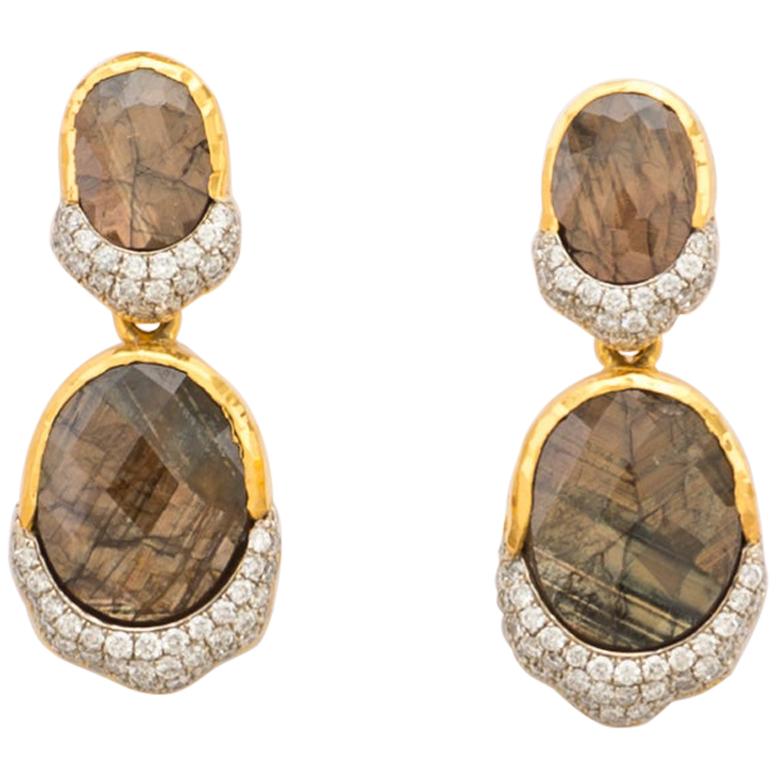 Victor Velyan 24K Golden Sapphire and Diamonds Earrings  For Sale