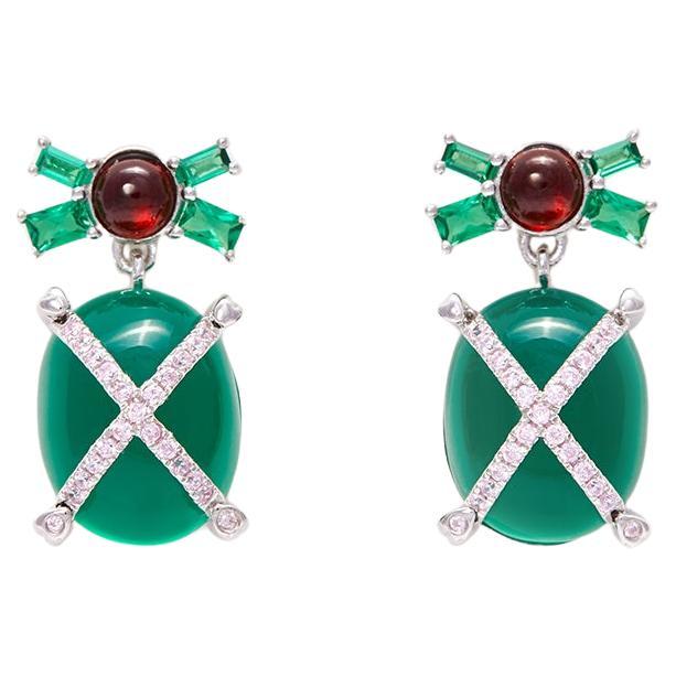 Drop Earrings with Green Agate and Red garnet For Sale