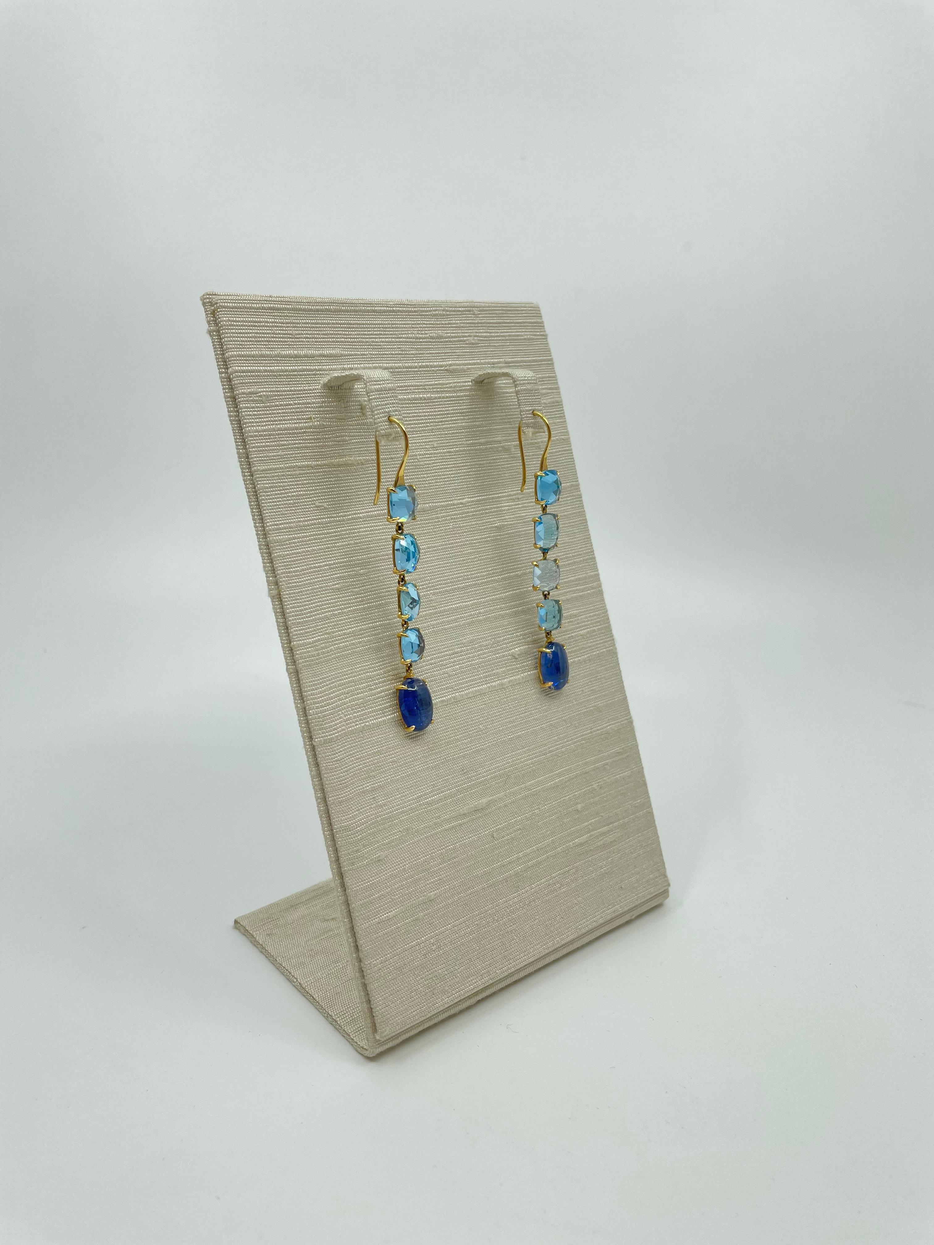 Drop Earrings with Kyanite, Blue Topaz & Gold In New Condition For Sale In Central, HK