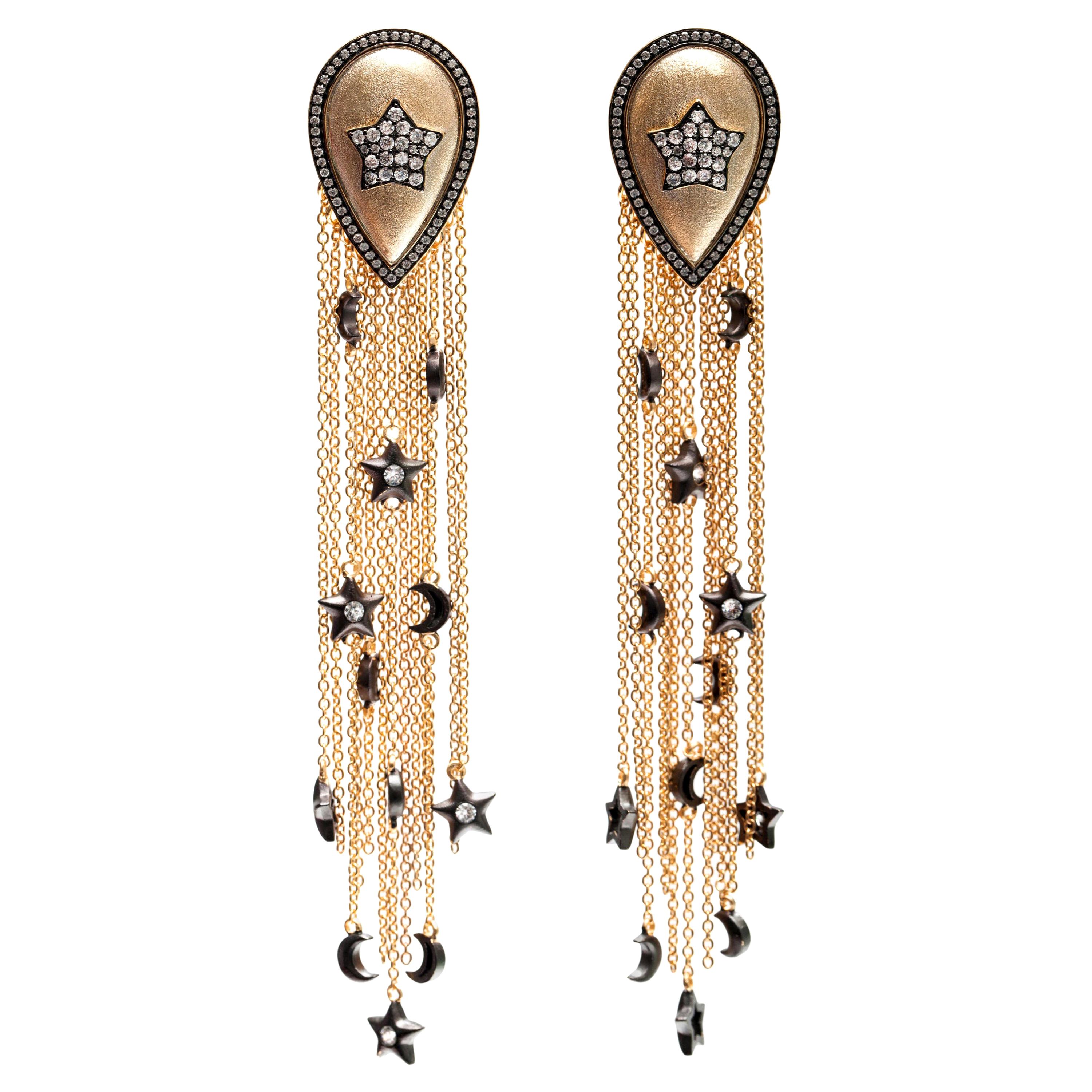 Drop Earrings with Moons and Stars Tassels in Vermeil Gold
