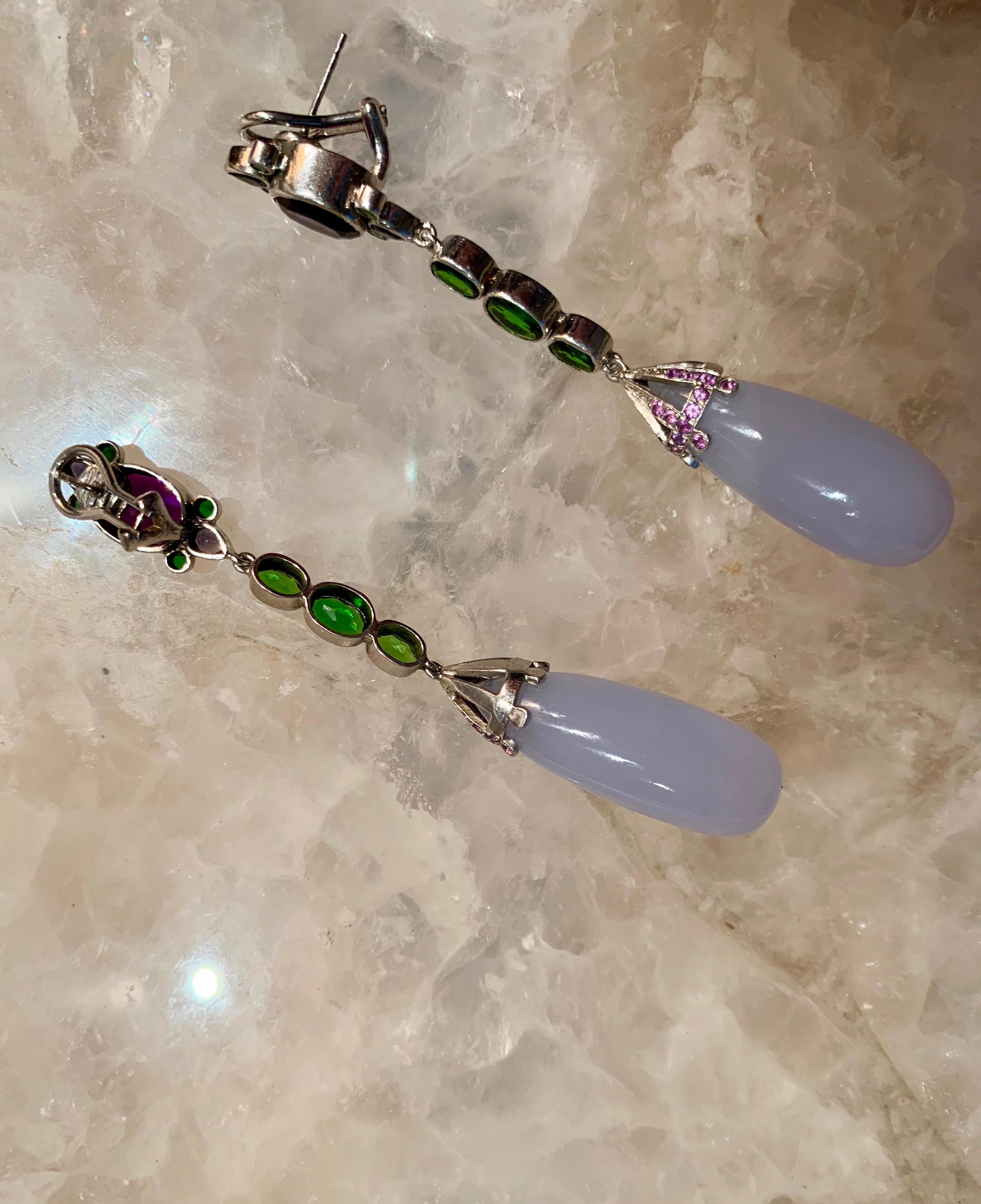 Contemporary  Natural Blue Chalcedony, Amethyst, Demantoid, and Chrome Diopside Drop Earrings For Sale