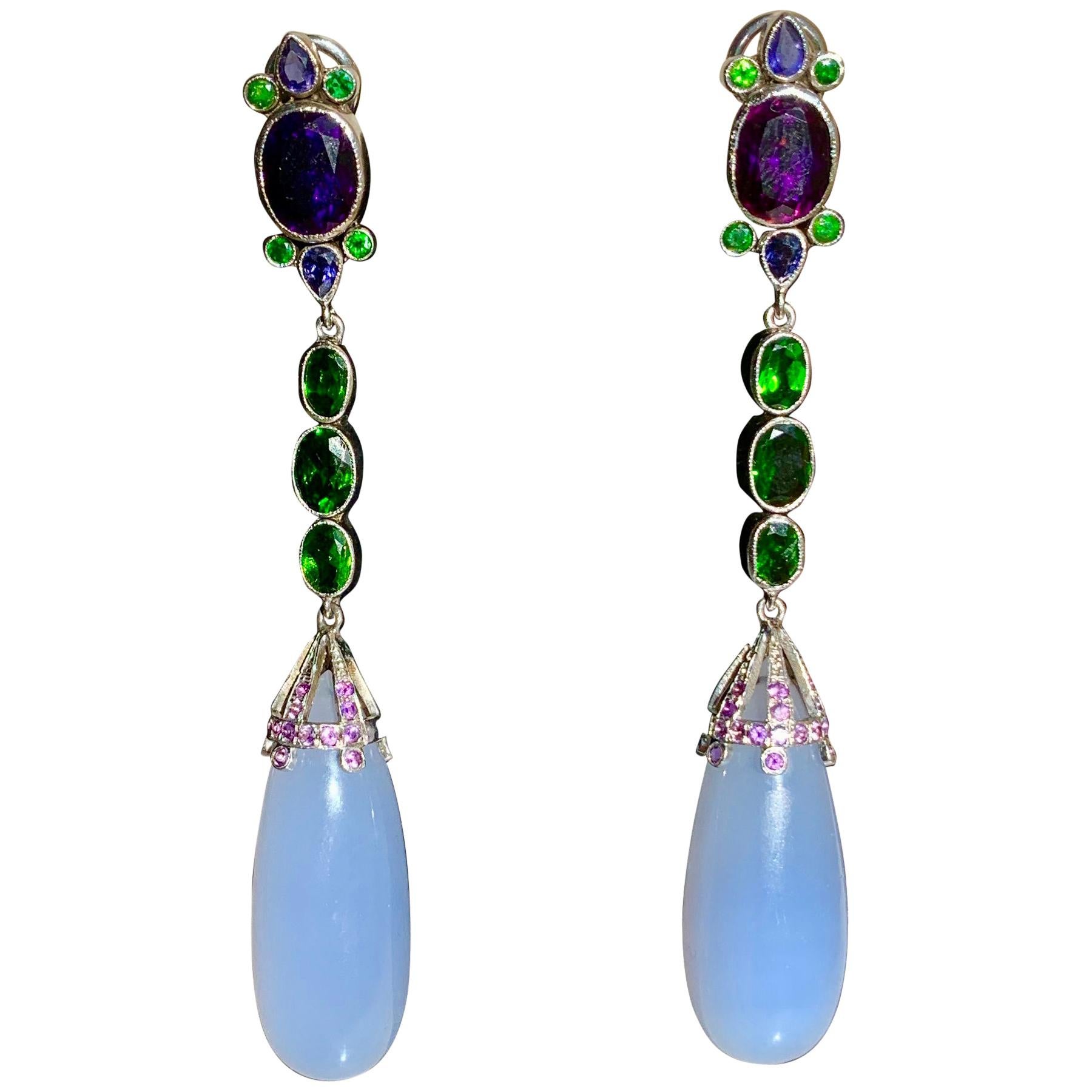  Natural Blue Chalcedony, Amethyst, Demantoid, and Chrome Diopside Drop Earrings