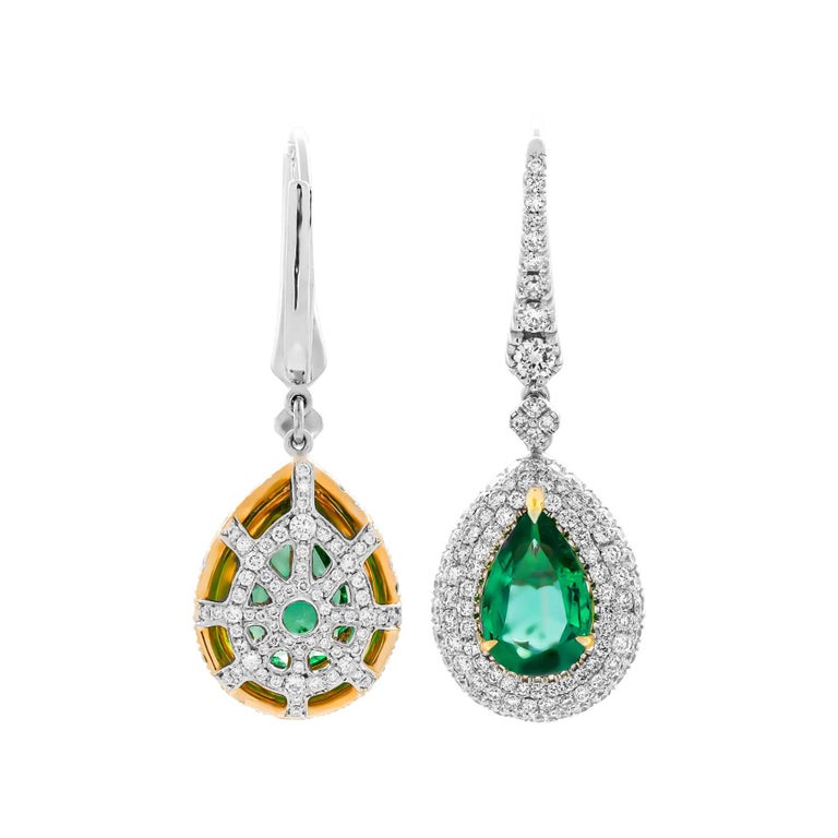 Modern Drop Earrings with Pear Shape Emeralds 6.96ct and Diamonds For Sale