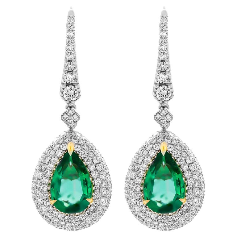 Drop Earrings with Pear Shape Emeralds 6.96ct and Diamonds For Sale