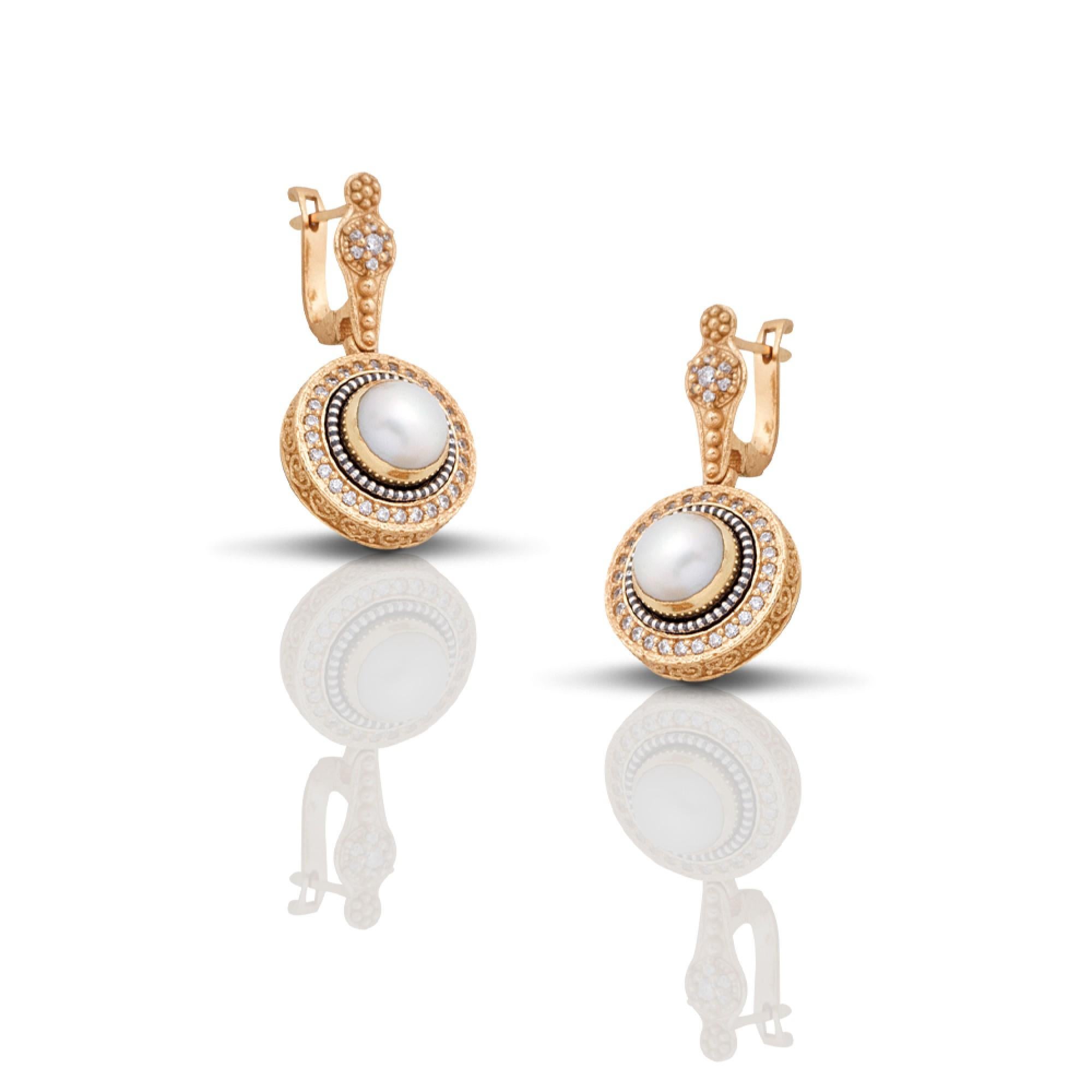 Byzantine Drop Earrings with Pearls and Zircon Stones, Dimitrios Exclusive S259 For Sale