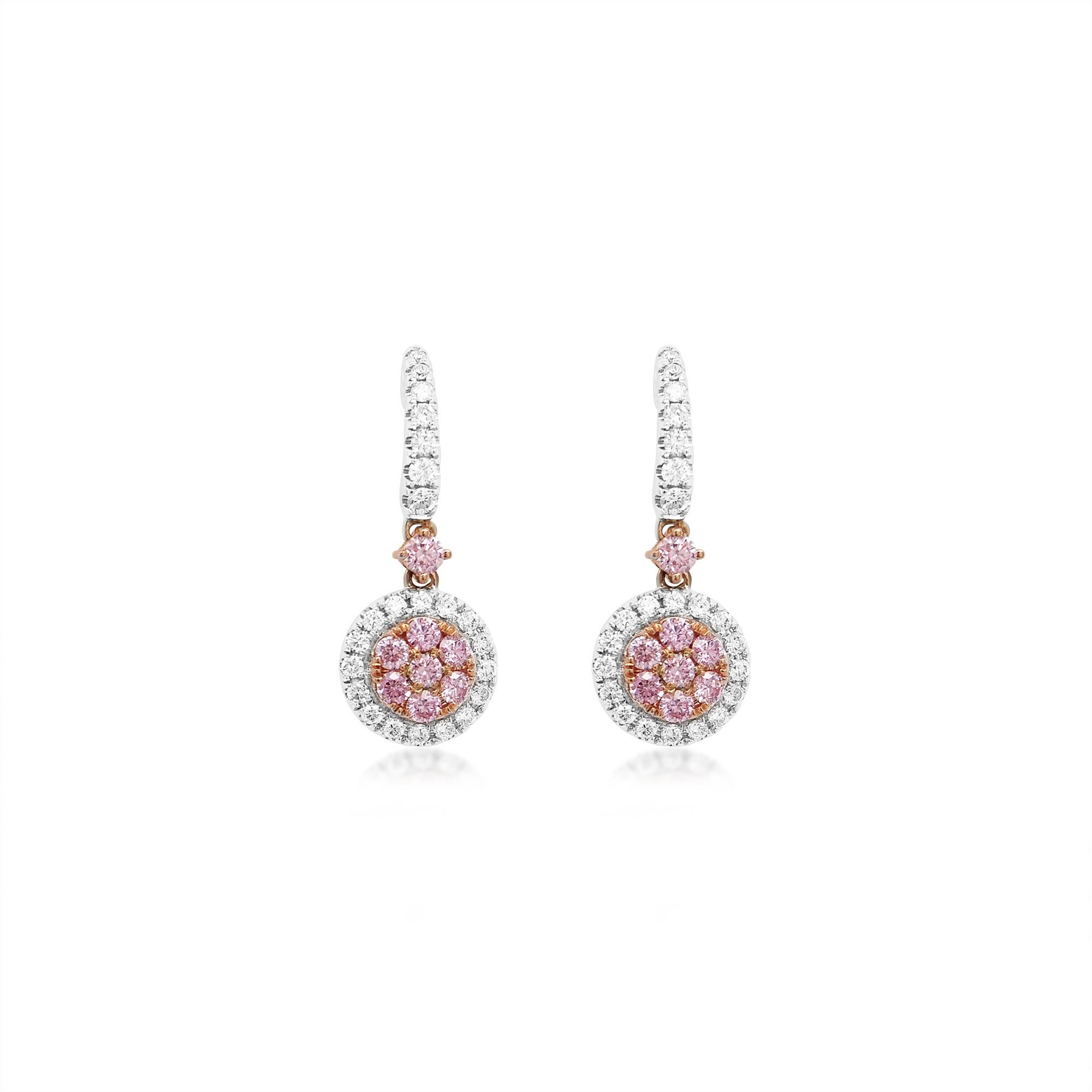 Round Cut Drop Earrings with round brilliant cut Argyle Pink diamonds and White diamonds For Sale