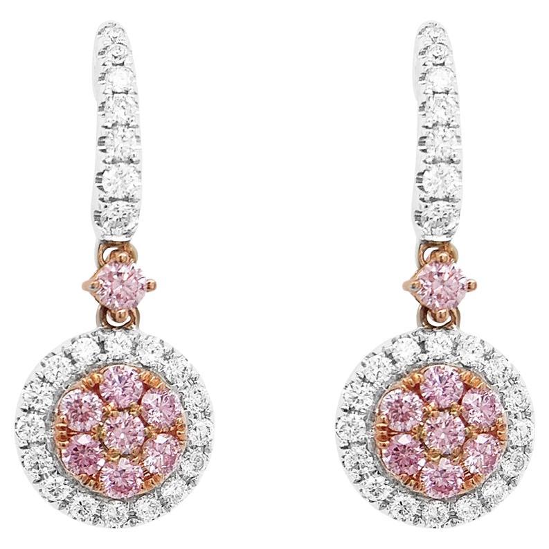 Pendientes de gota con diamantes redondos brillantes Argyle Rosa y diamantes Blancos