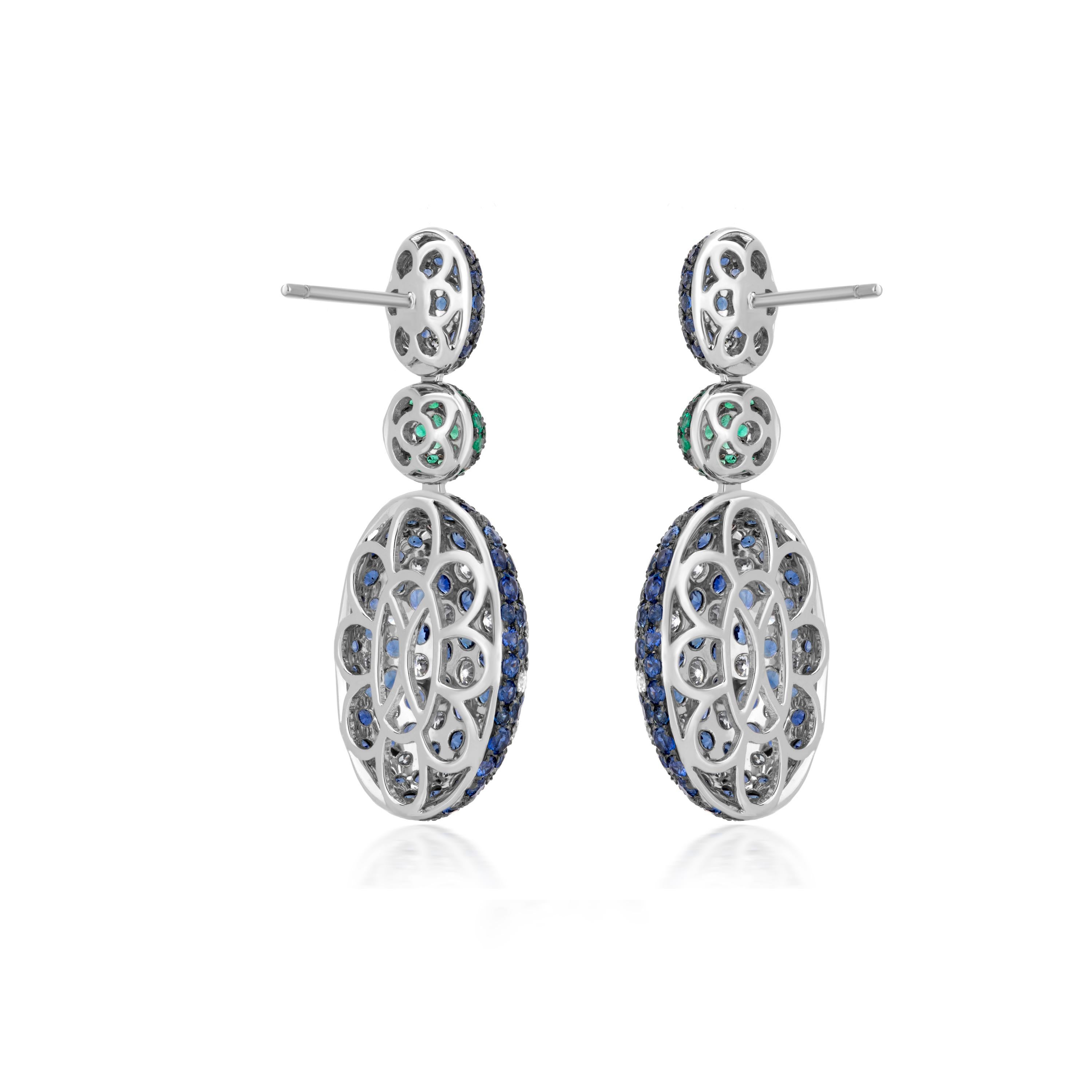 Nigaam 7.03 Cts. Multi-Gemstone with Diamond Three-Tiered Cluster Drop Earrings In New Condition In New York, NY