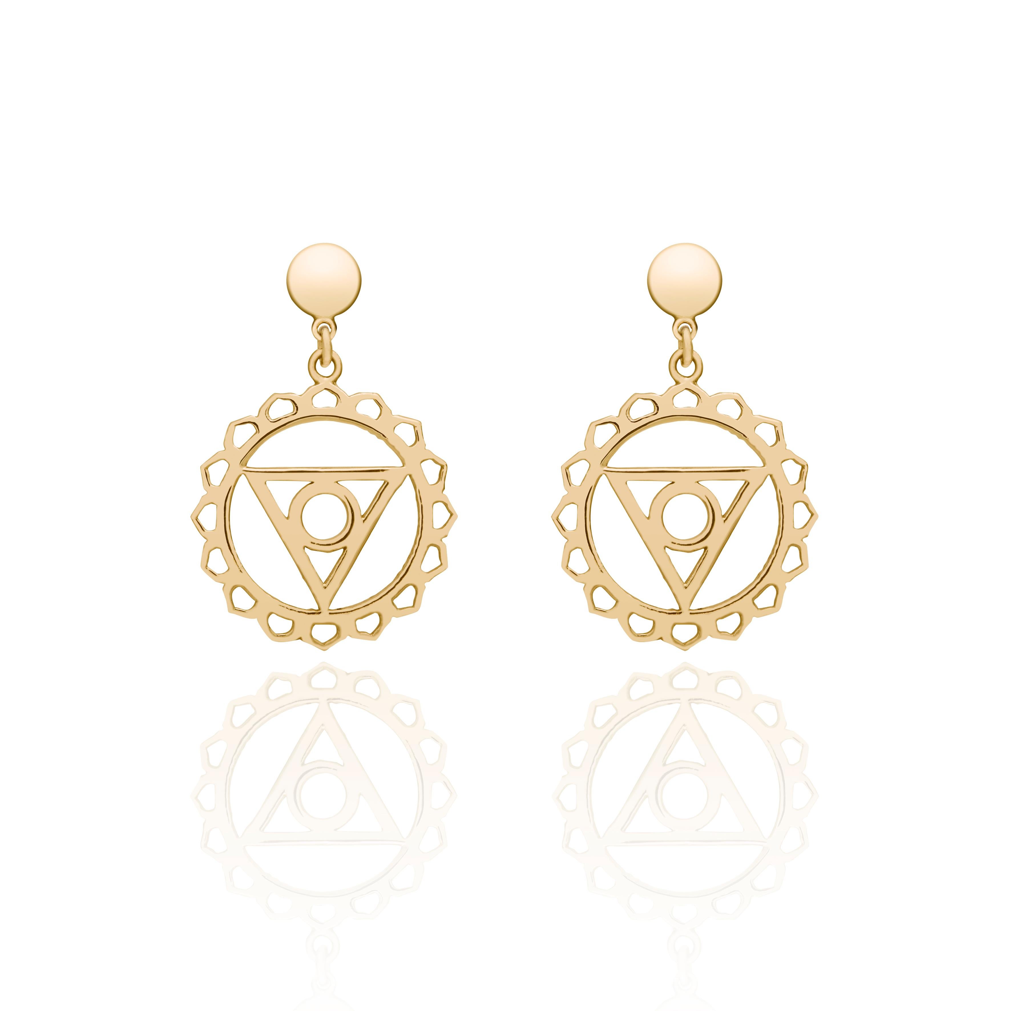 Unique pair of drop earrings inspired by Yoga Vissuddha- The Throat Chakra handcrafted in 14Kt Gold.
The Vissudha Chakra is the mental center of our body that is located in our throat. It is strongly connected with truth, communication, aim and art