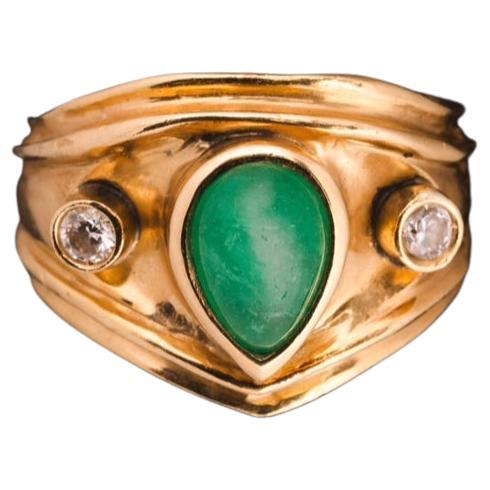 For Sale:  Drop Emerald 18k Gold Ring with Diamonds