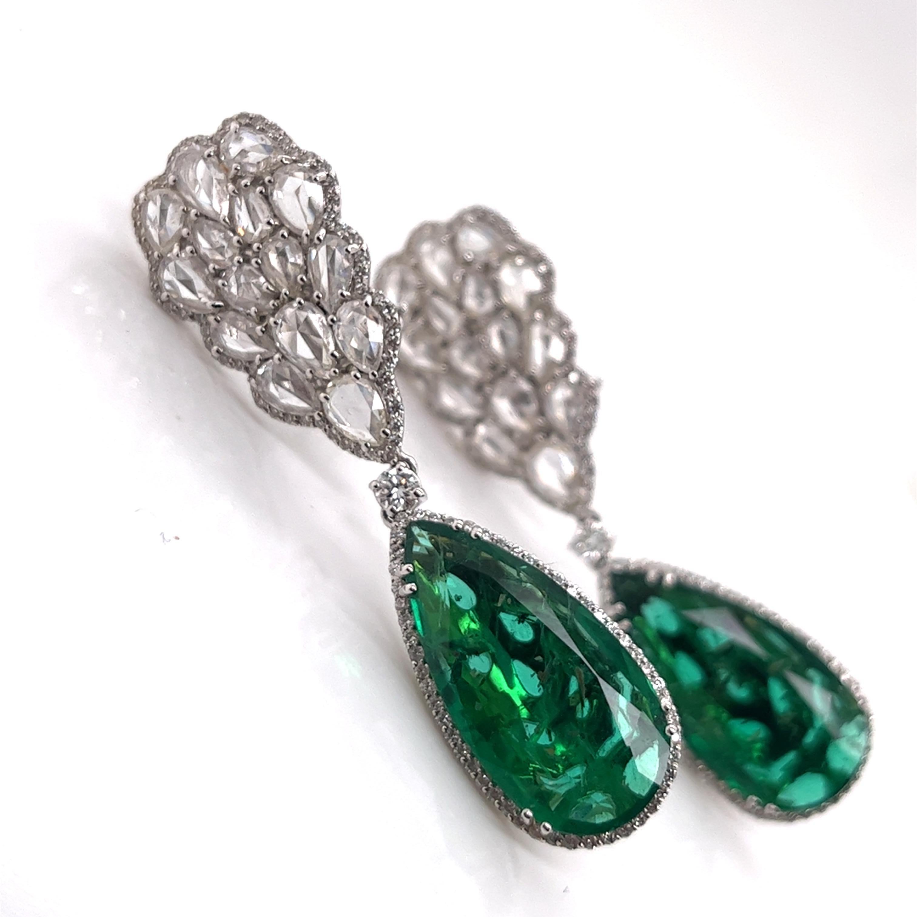 Contemporary Drop Emeralds and Diamonds Earrings  18KT White Gold  GIA CERTIFIED For Sale