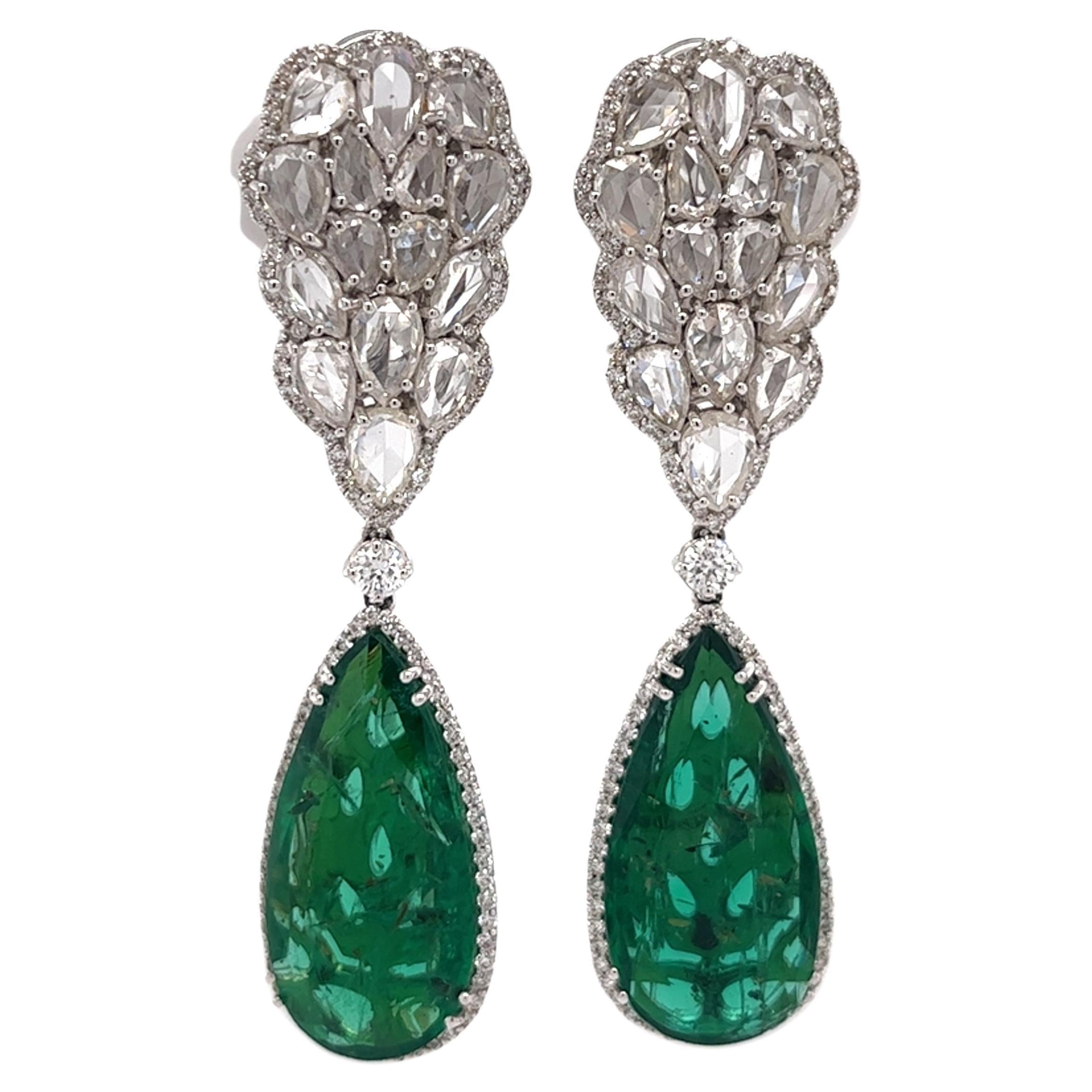 Drop Emeralds and Diamonds Earrings  18KT White Gold  GIA CERTIFIED For Sale