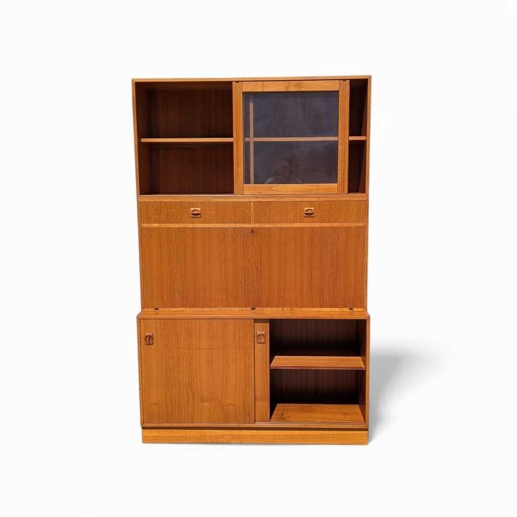 Drop Front Bookcase Desk, Wall Unit, Teak Veneer, Danish Mid Century Modern For Sale 8