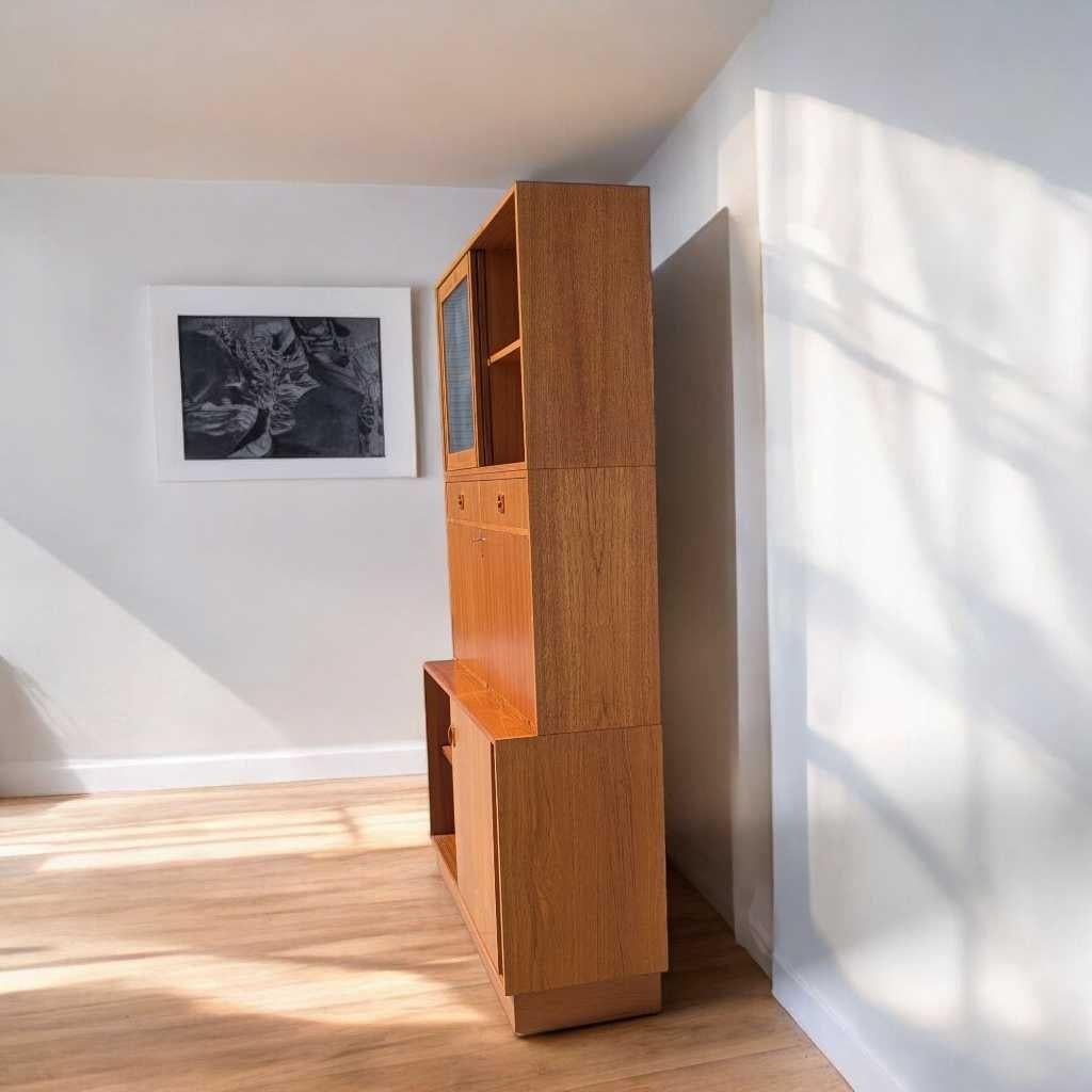 Drop Front Bookcase Desk, Wall Unit, Teak Veneer, Danish Mid Century Modern For Sale 12