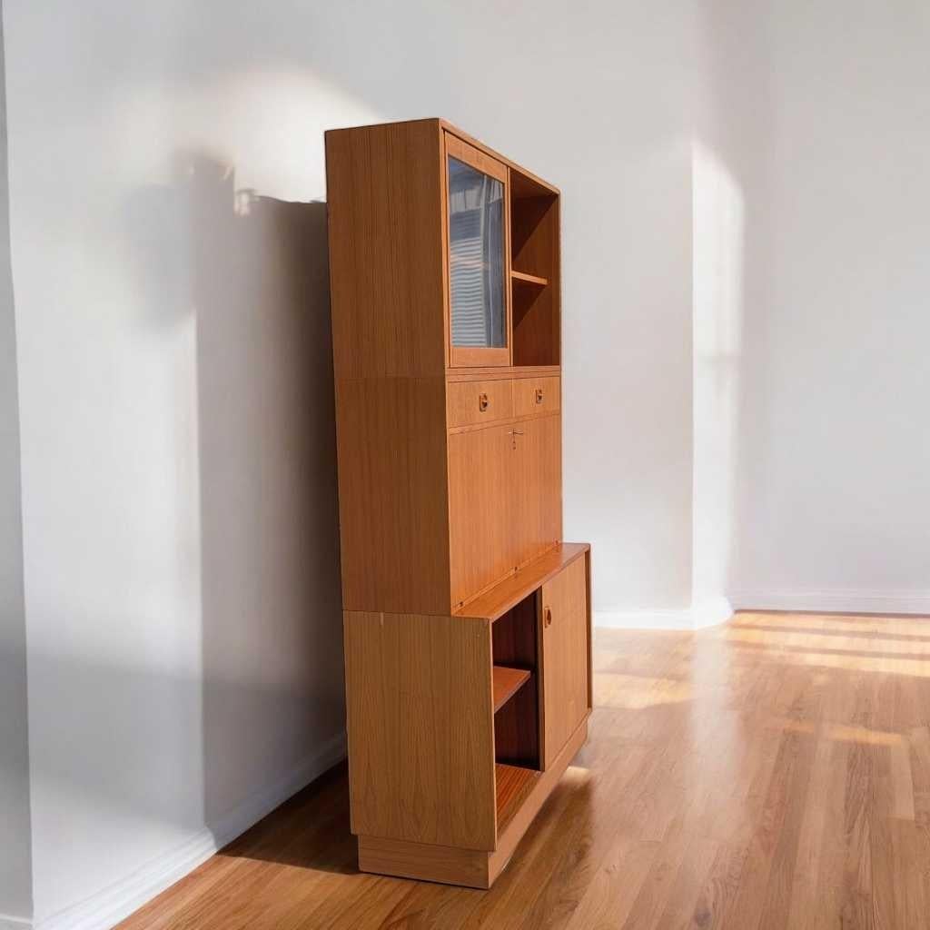 Drop Front Bookcase Desk, Wall Unit, Teak Veneer, Danish Mid Century Modern For Sale 14