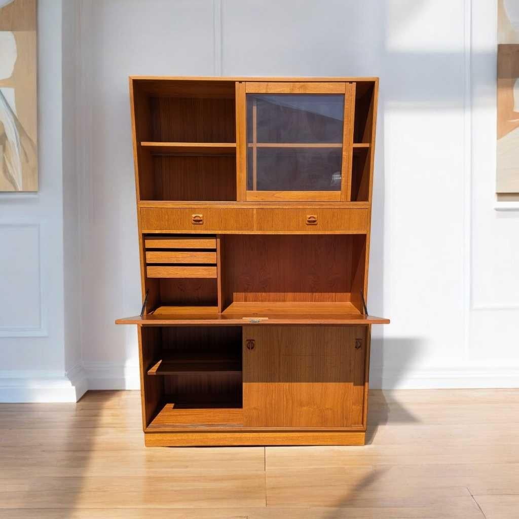 Mid-Century Modern Drop Front Bookcase Desk, Wall Unit, Teak Veneer, Danish Mid Century Modern For Sale