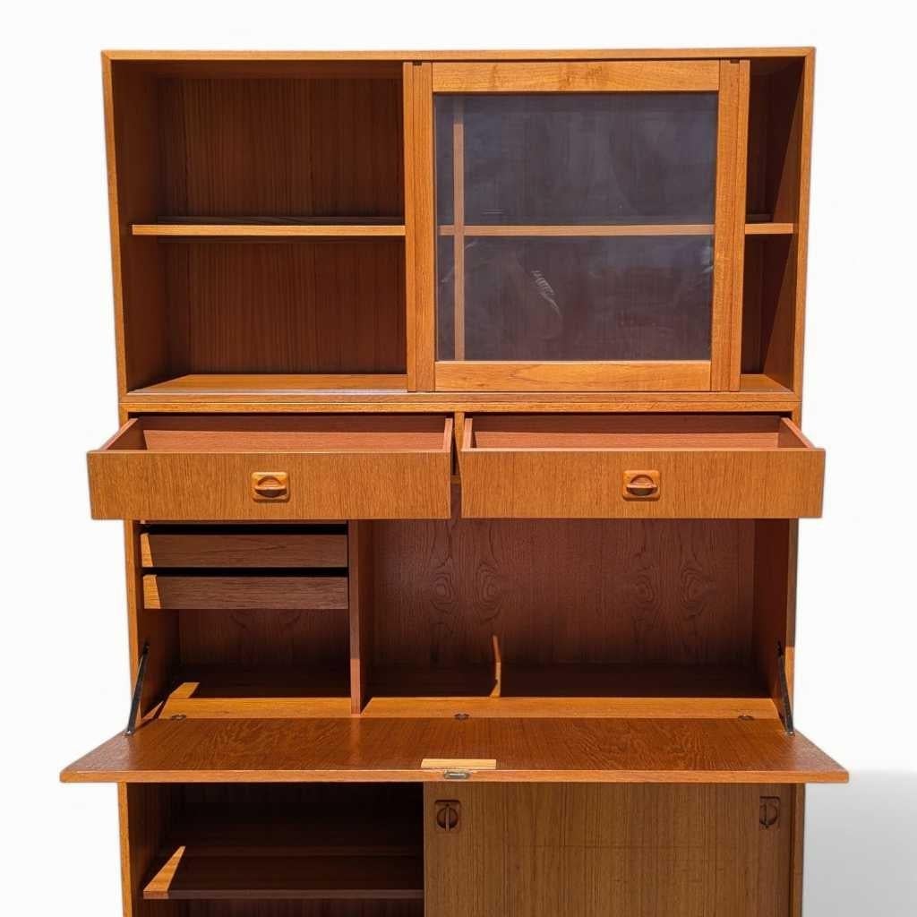 Drop Front Bookcase Desk, Wall Unit, Teak Veneer, Danish Mid Century Modern In Good Condition For Sale In Rancho Cucamonga, CA