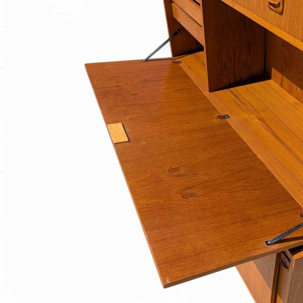 20th Century Drop Front Bookcase Desk, Wall Unit, Teak Veneer, Danish Mid Century Modern For Sale