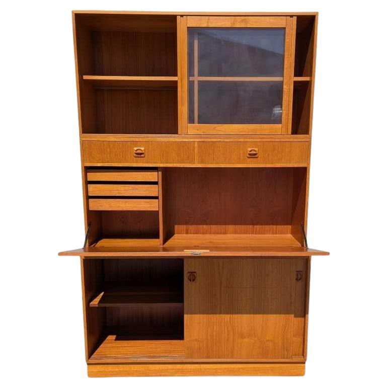 Drop Front Bookcase Desk, Wall Unit, Teak Veneer, Danish Mid Century Modern For Sale