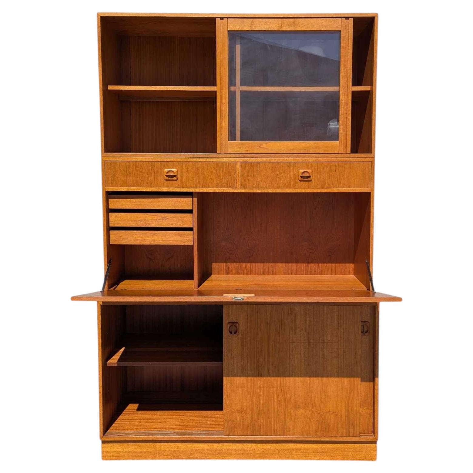 Drop Front Bookcase Desk, Wall Unit, Teak Veneer, Danish Mid Century Modern in vendita