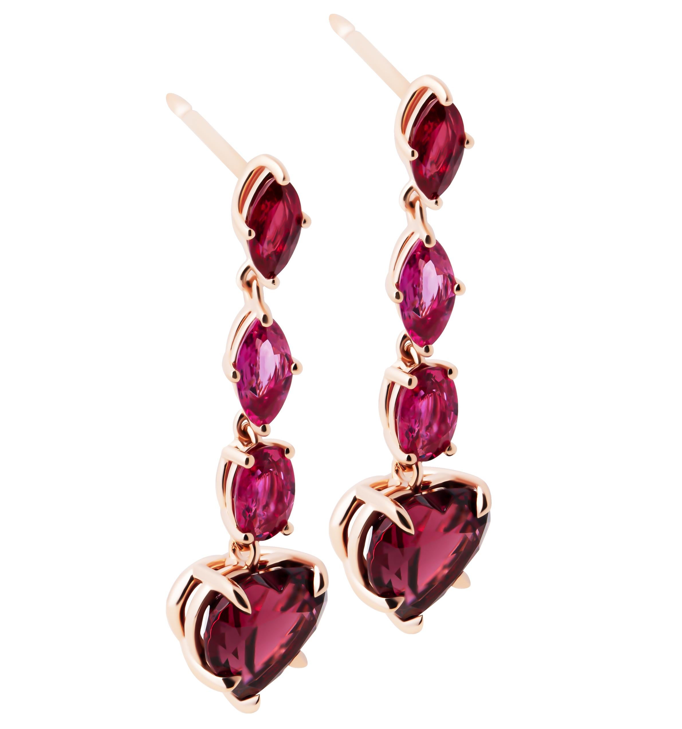 Cuore Orecchini a cuore con rodolite e rubini in vendita