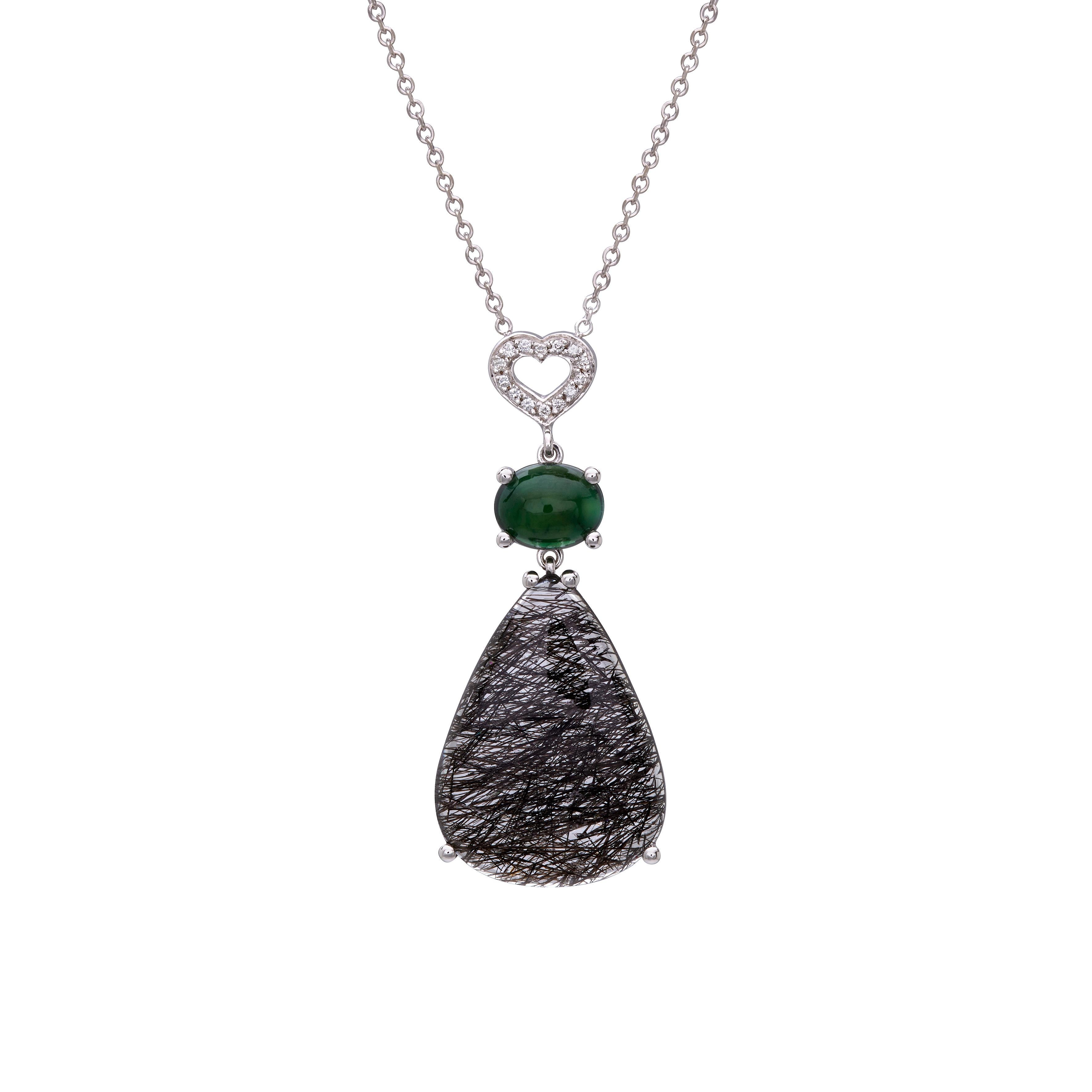 Beautiful and delicate, One of a kind,  Drop Heart Pendant Necklace in 18Kt white gold, handmade with diamonds, green opale and a rare quartz with inclusions. An exceptional piece of jewelry that gives a special sense to your style because matches