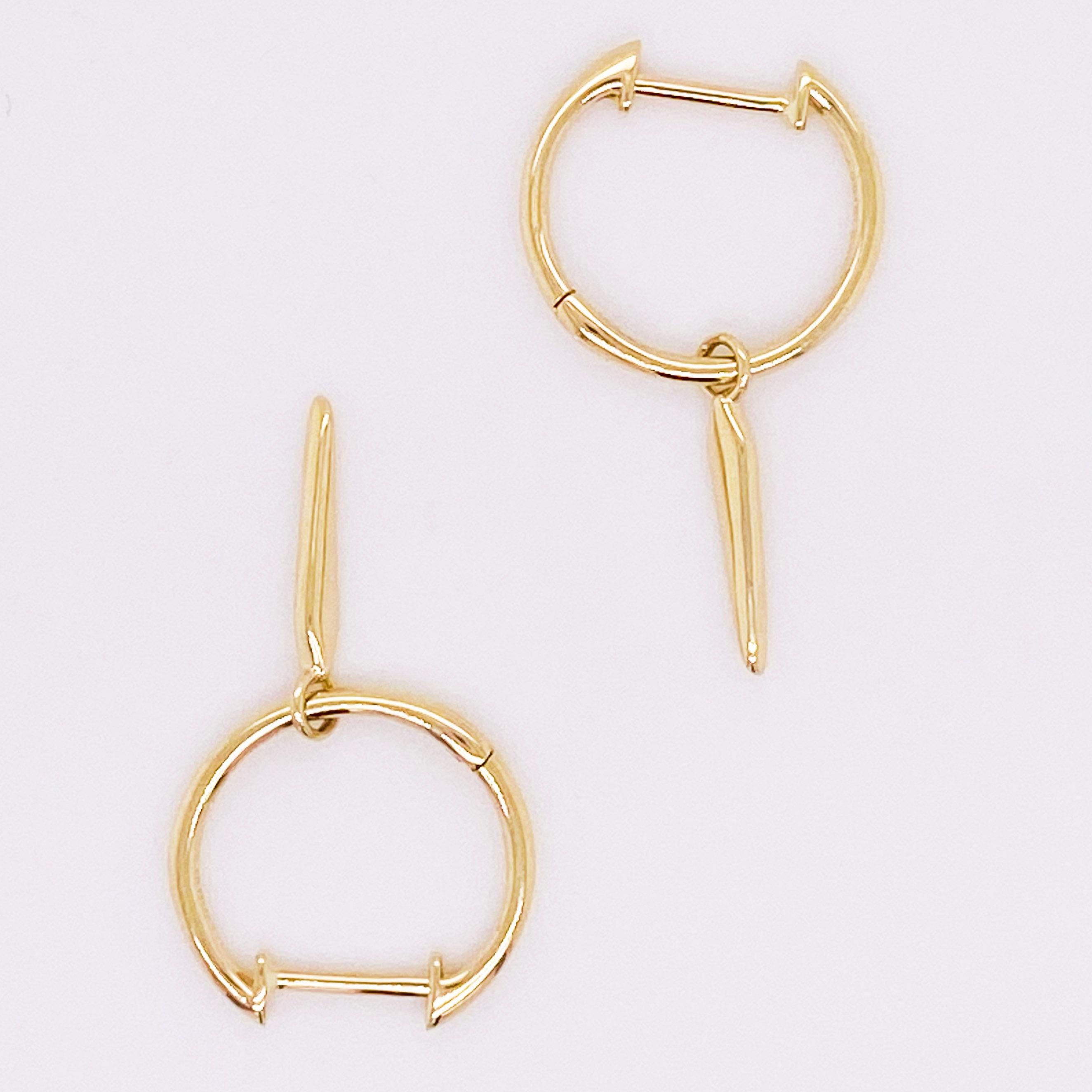 Modern Drop Hoop Earrings, 14 Karat Yellow Gold Huggie Spike Drop, Gabriel EG14093Y4JJJ For Sale