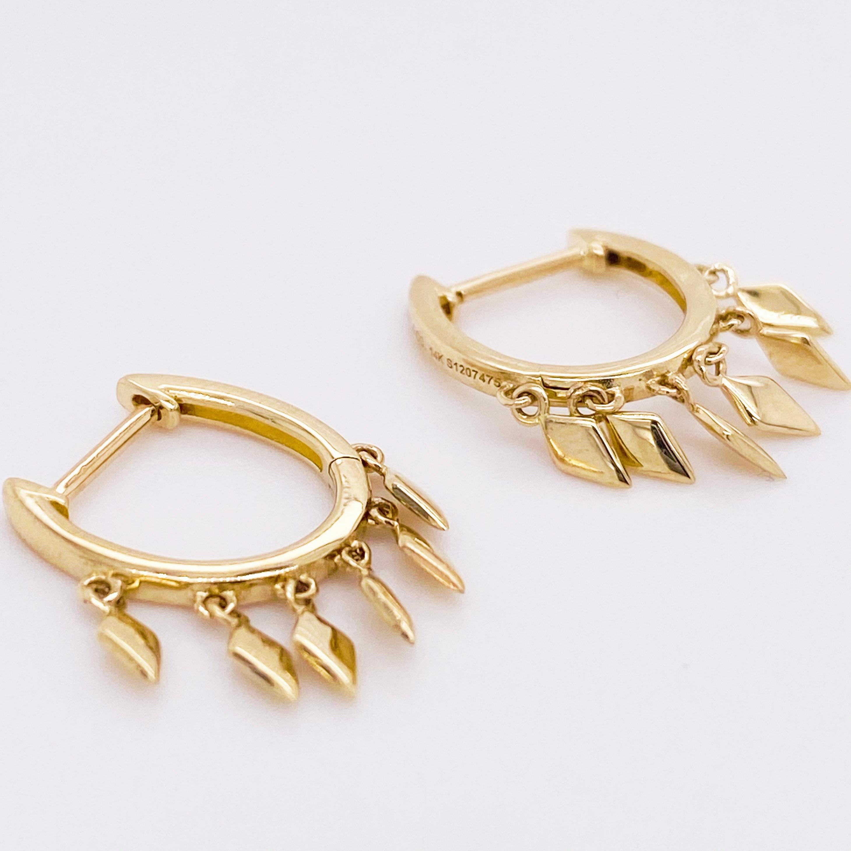 Modern Drop Huggie Earrings, 14 Karat Yellow Gold Hoop Spike Drops, Huggie Earrings For Sale