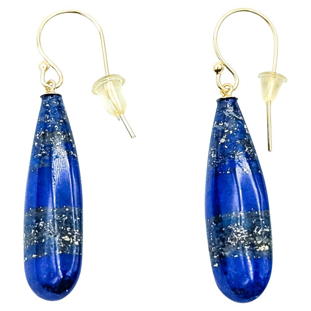 Drop Lapis Lazuli Earrings in 14k Yellow Gold For Sale