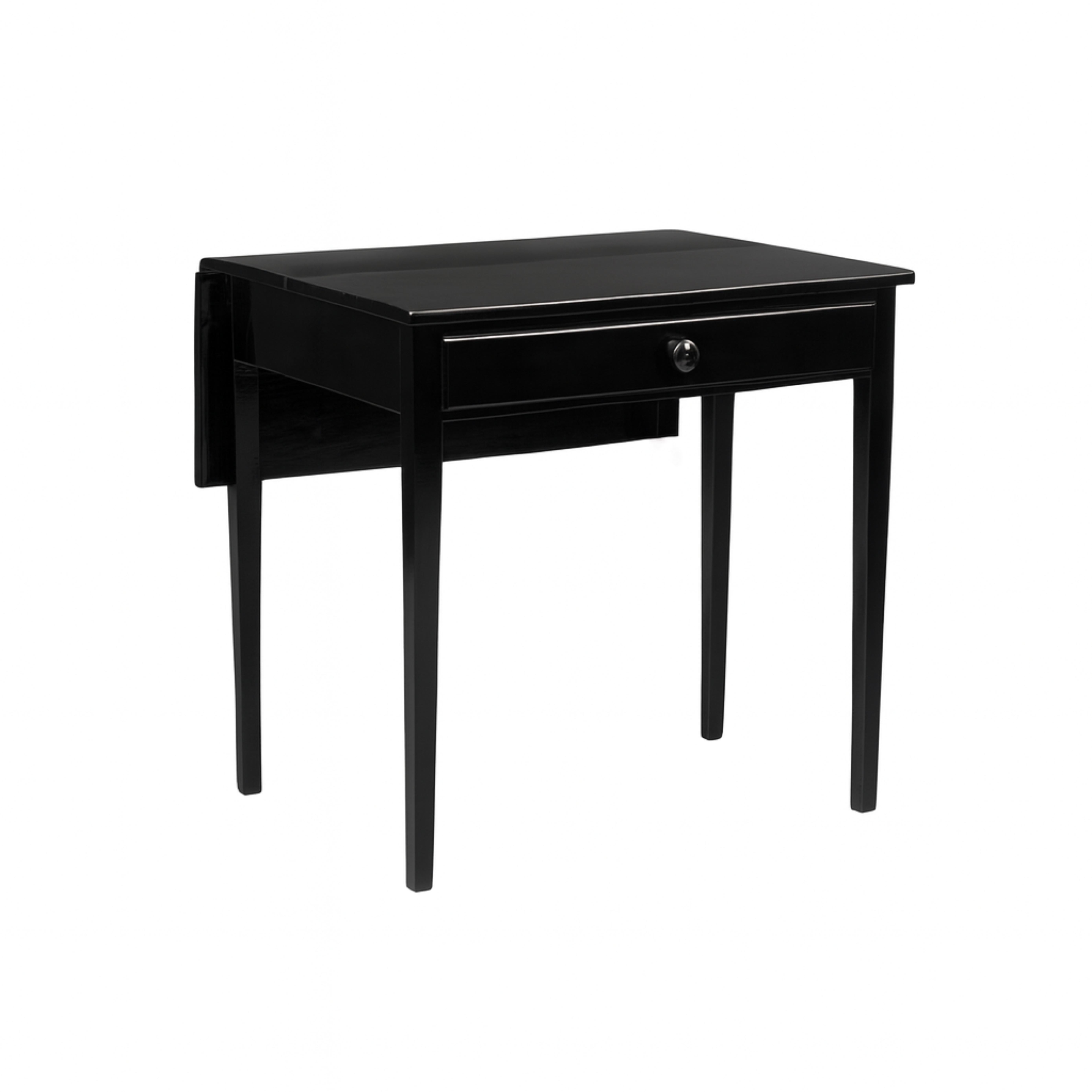 A beautiful black lacquer refinished drop leaf side table with 5 legs. Flap, box and straight leg, drawer and folding top in Queen Maria the First Portuguese style, highly inspired by the British lines with a bit of exuberance from the high quality