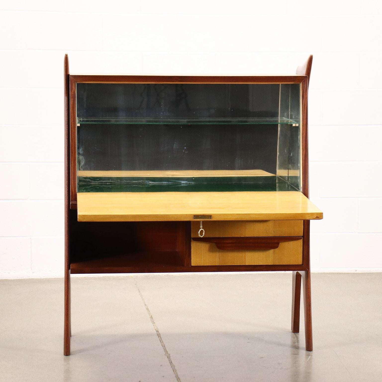 Mid-Century Modern Drop-Leaf Cabinet Ash Mahogany Glass Italy 1950s