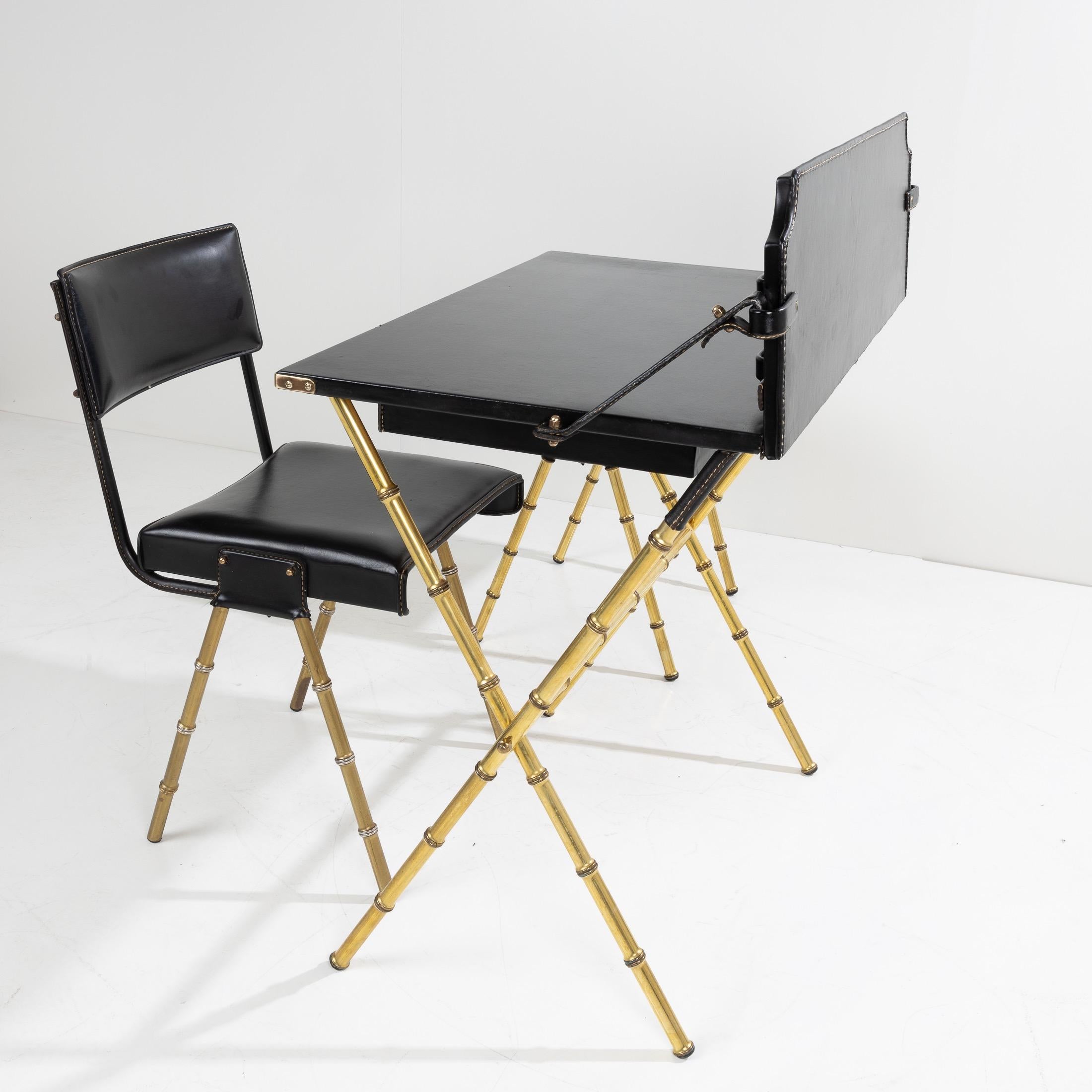 20th Century Drop-Leaf Desk with Its Seat and Visitor’s Stool by Jacques Adnet