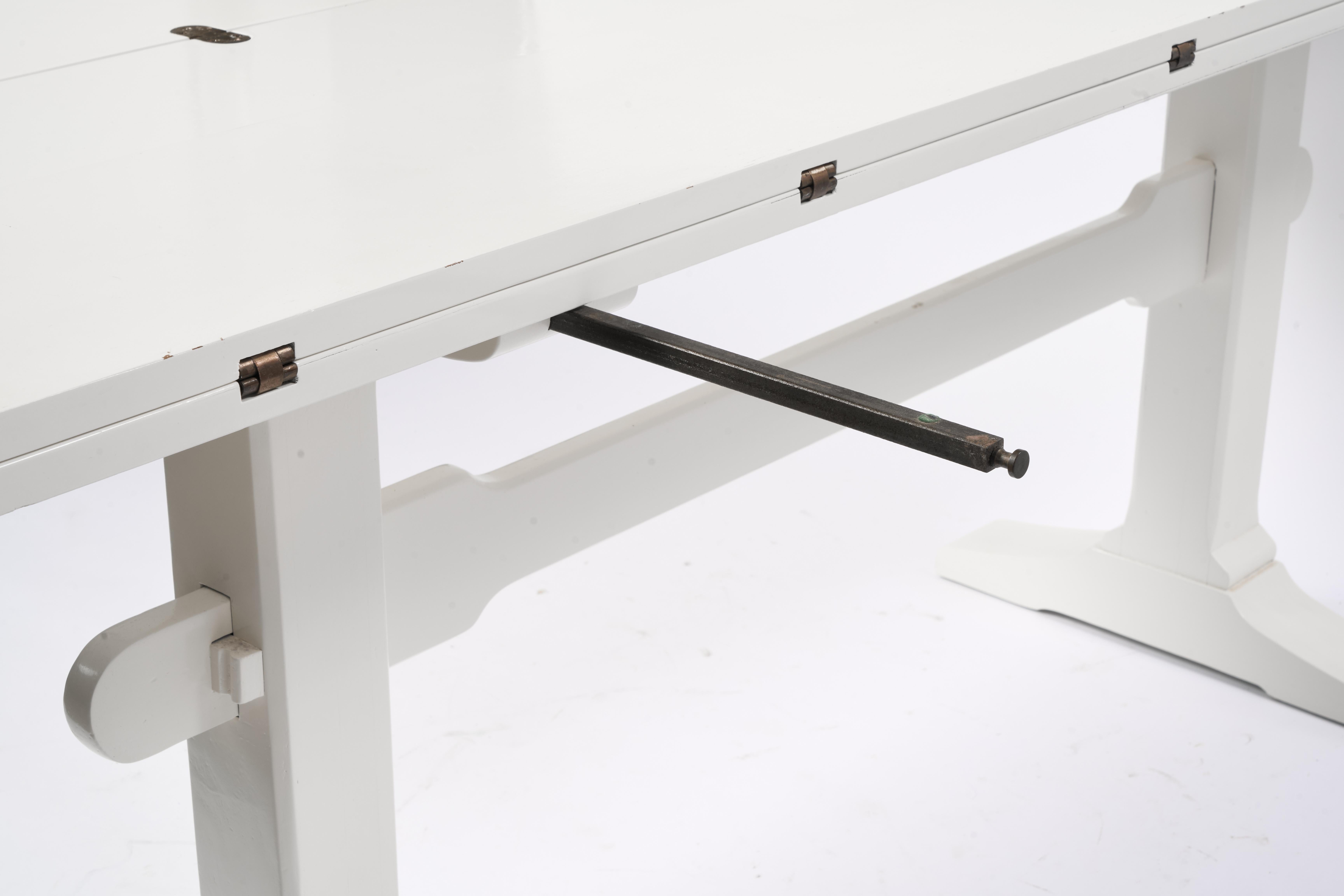 Drop Leaf Library Trestle Table, Cream Lacquer over Solid Oak For Sale 3