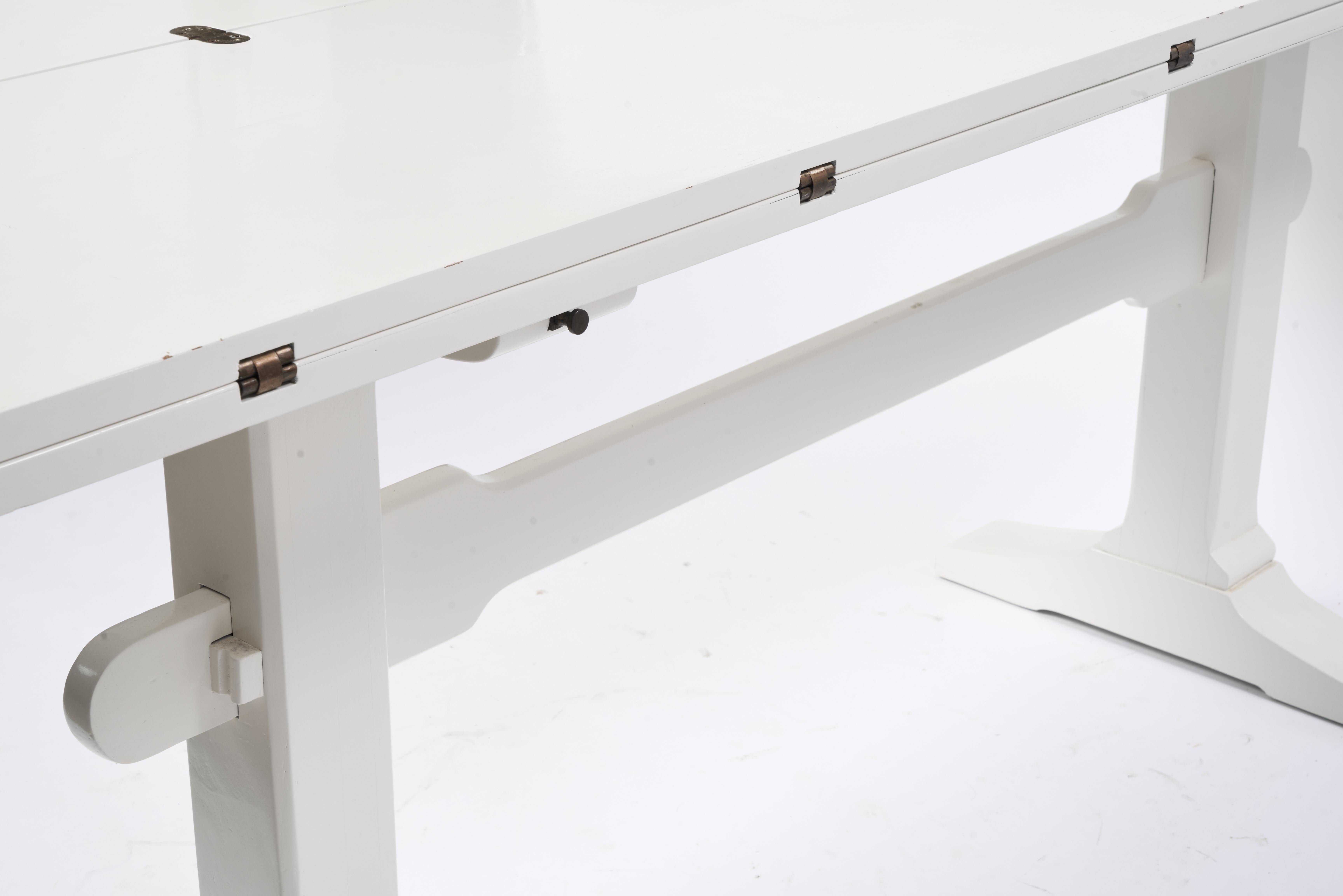 Drop Leaf Library Trestle Table, Cream Lacquer over Solid Oak For Sale 4