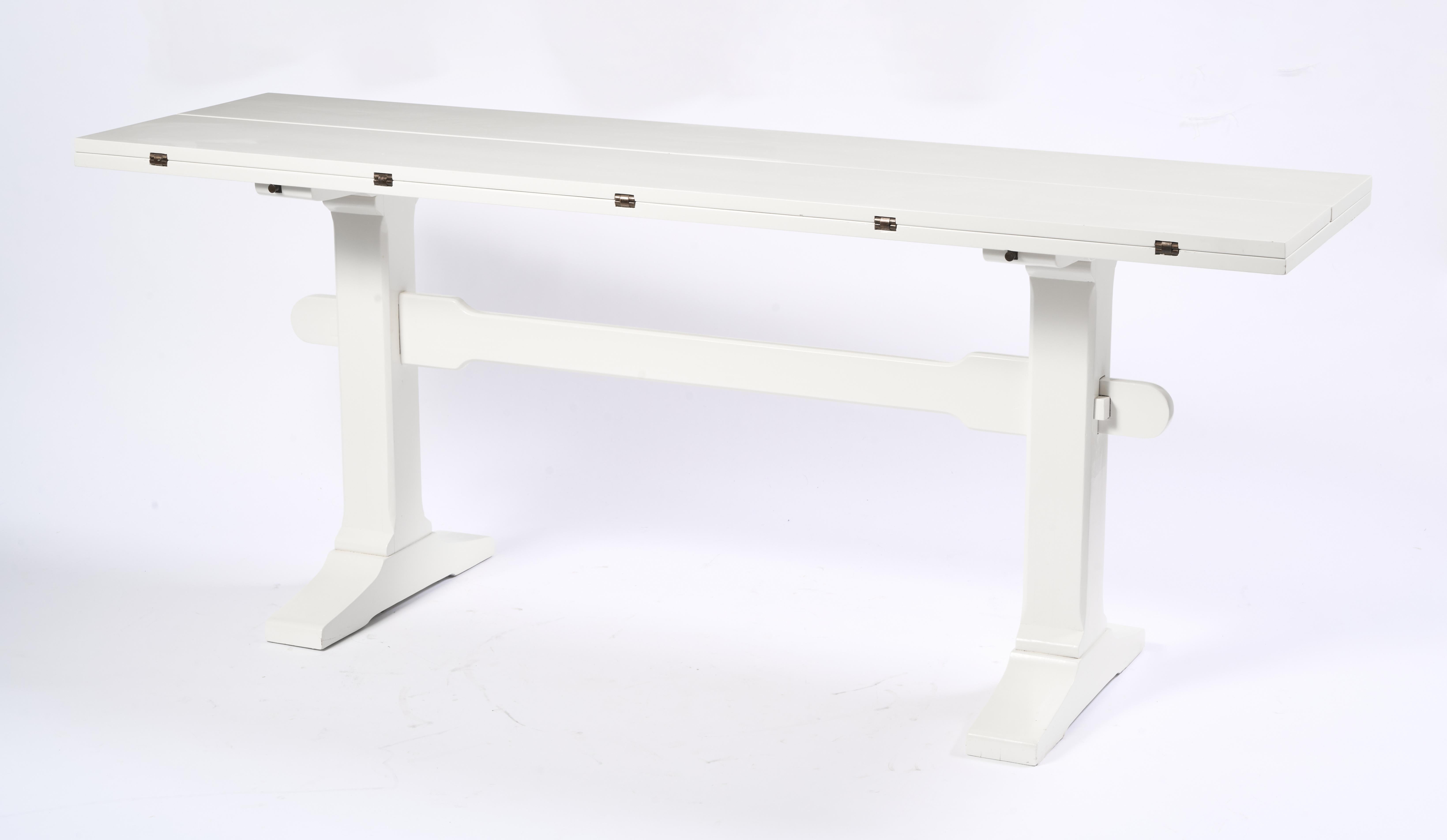 American Craftsman Drop Leaf Library Trestle Table, Cream Lacquer over Solid Oak For Sale