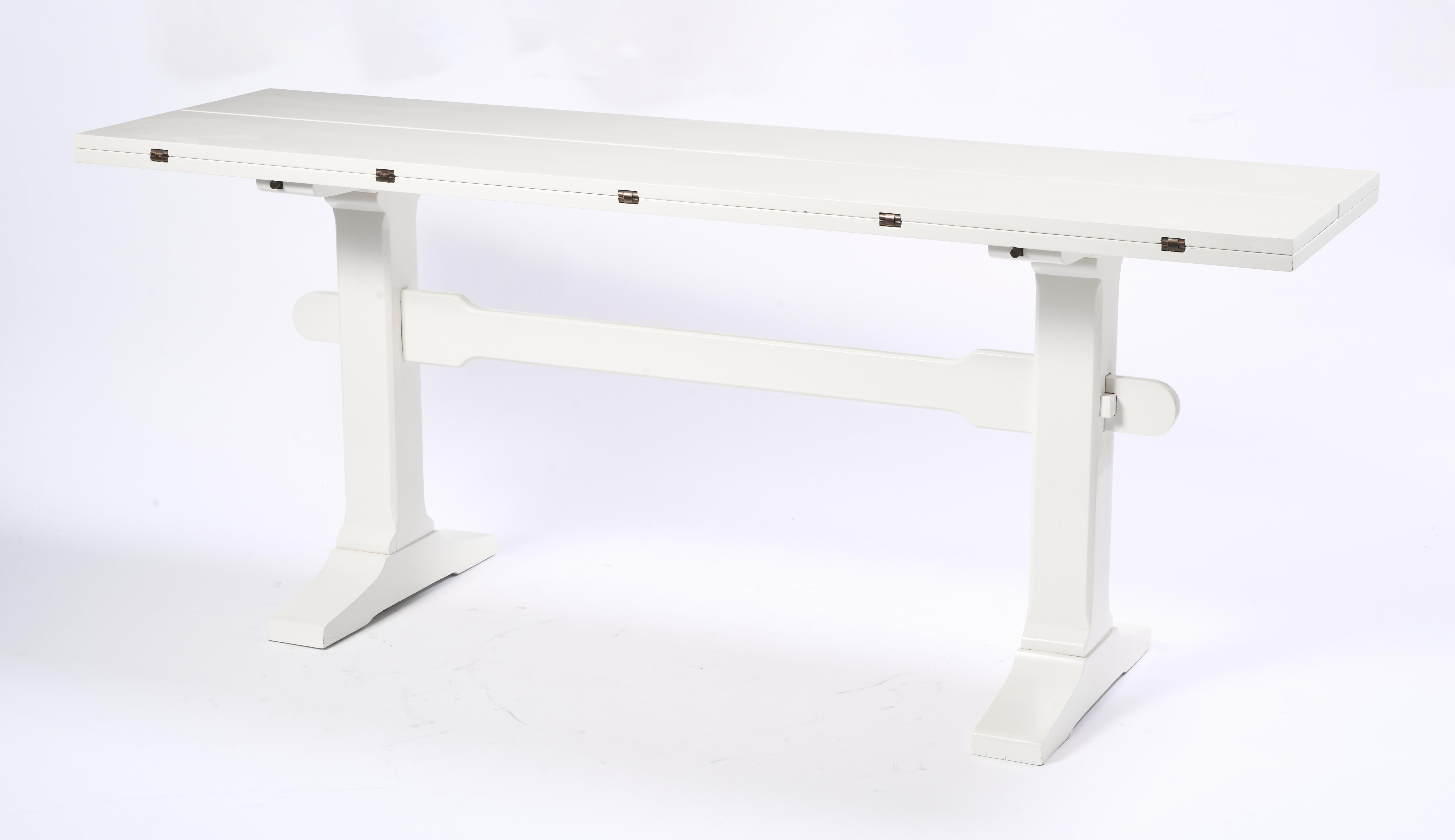 American Drop Leaf Library Trestle Table, Cream Lacquer over Solid Oak For Sale