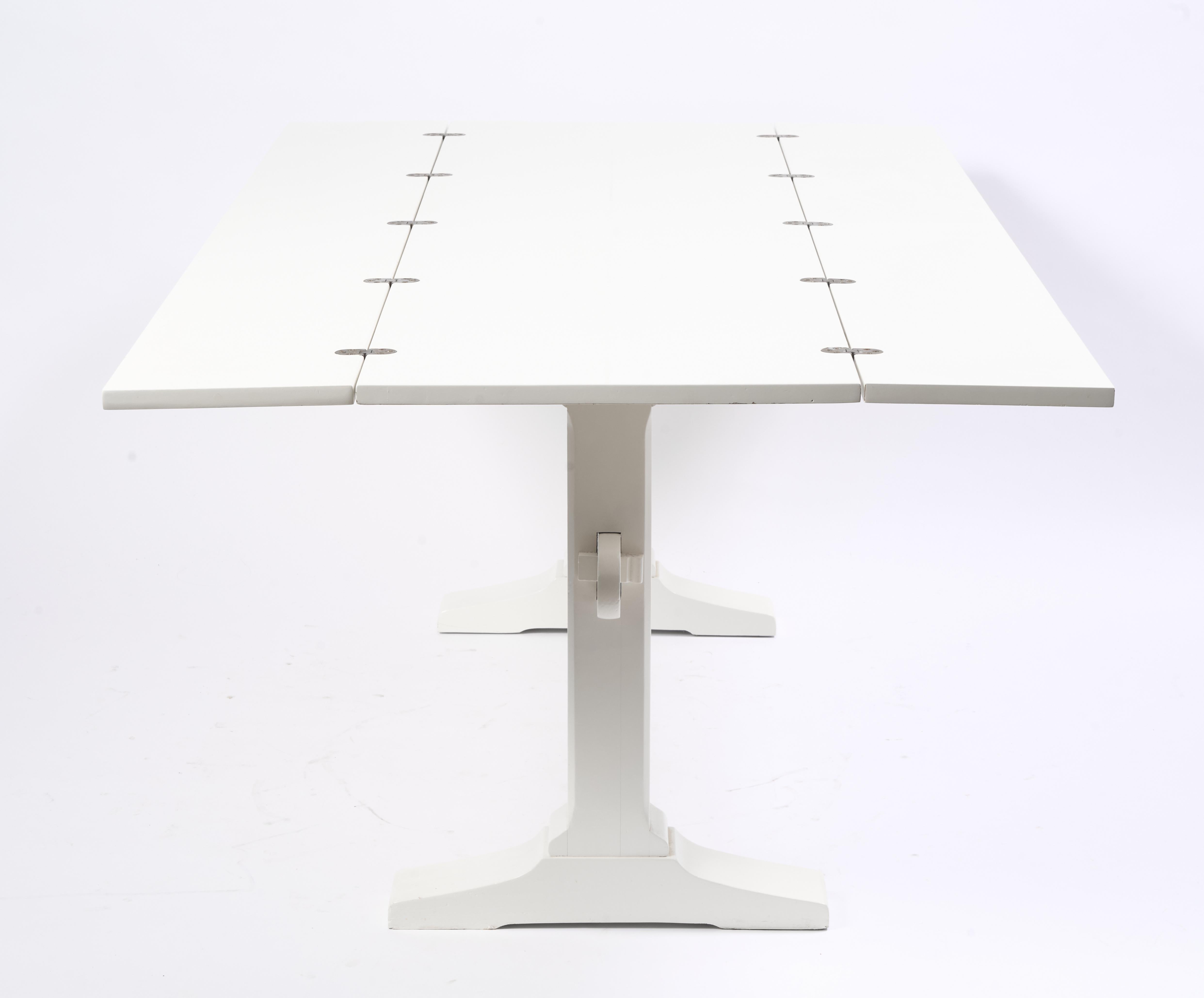 Drop Leaf Library Trestle Table, Cream Lacquer over Solid Oak In Good Condition For Sale In Greensboro, NC