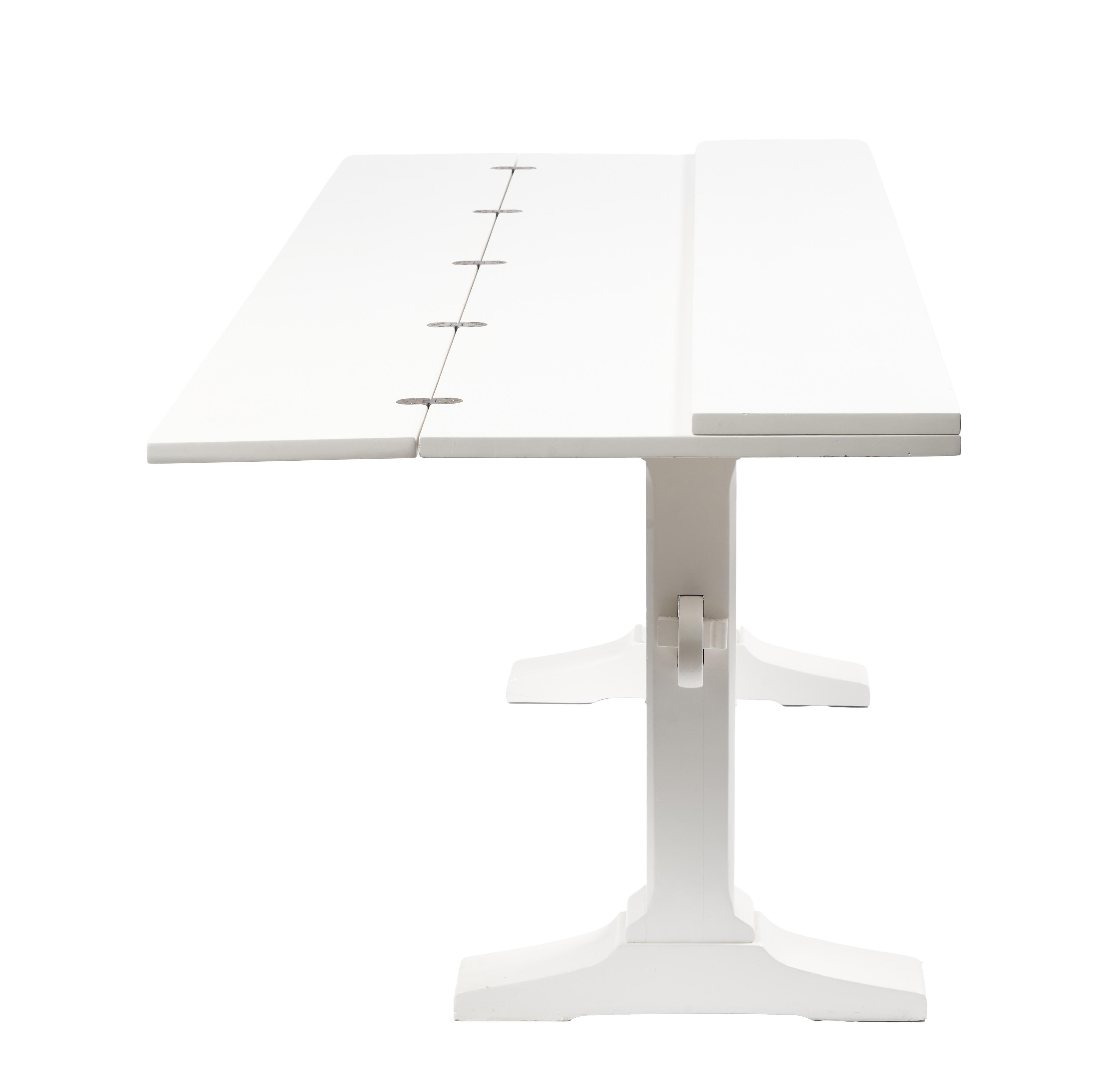 Mid-20th Century Drop Leaf Library Trestle Table, Cream Lacquer over Solid Oak For Sale