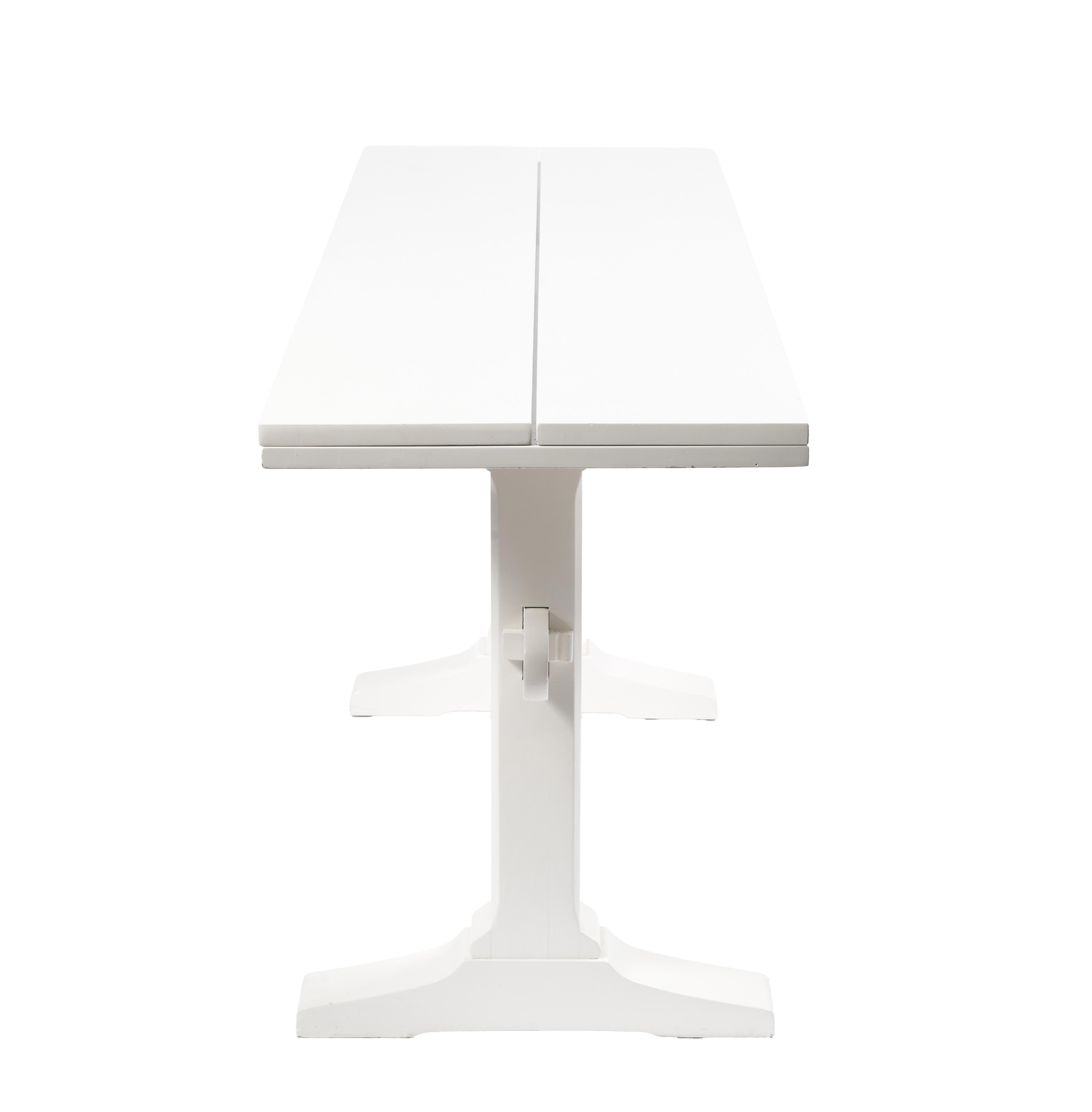 Brass Drop Leaf Library Trestle Table, Cream Lacquer over Solid Oak For Sale