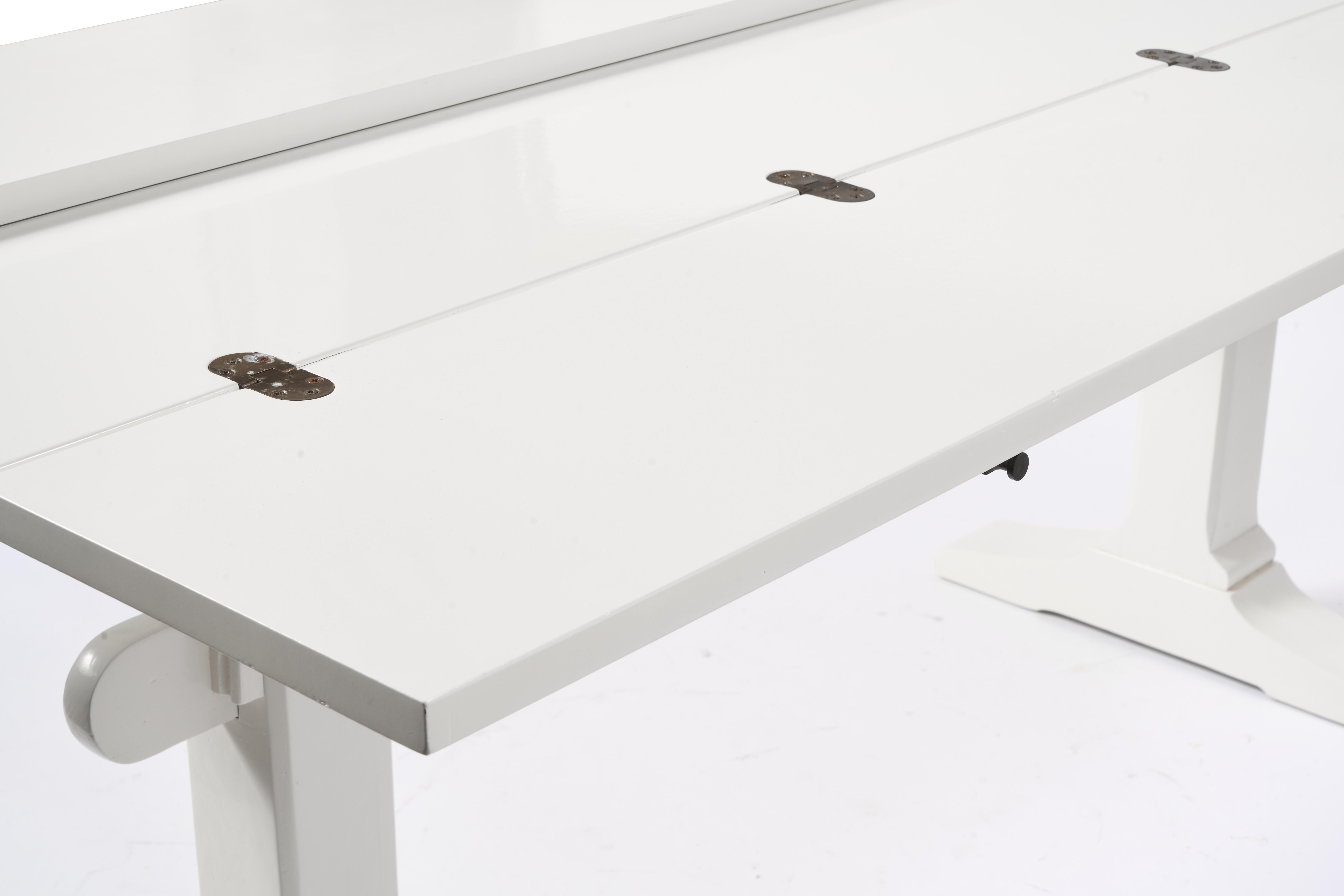 Drop Leaf Library Trestle Table, Cream Lacquer over Solid Oak For Sale 1