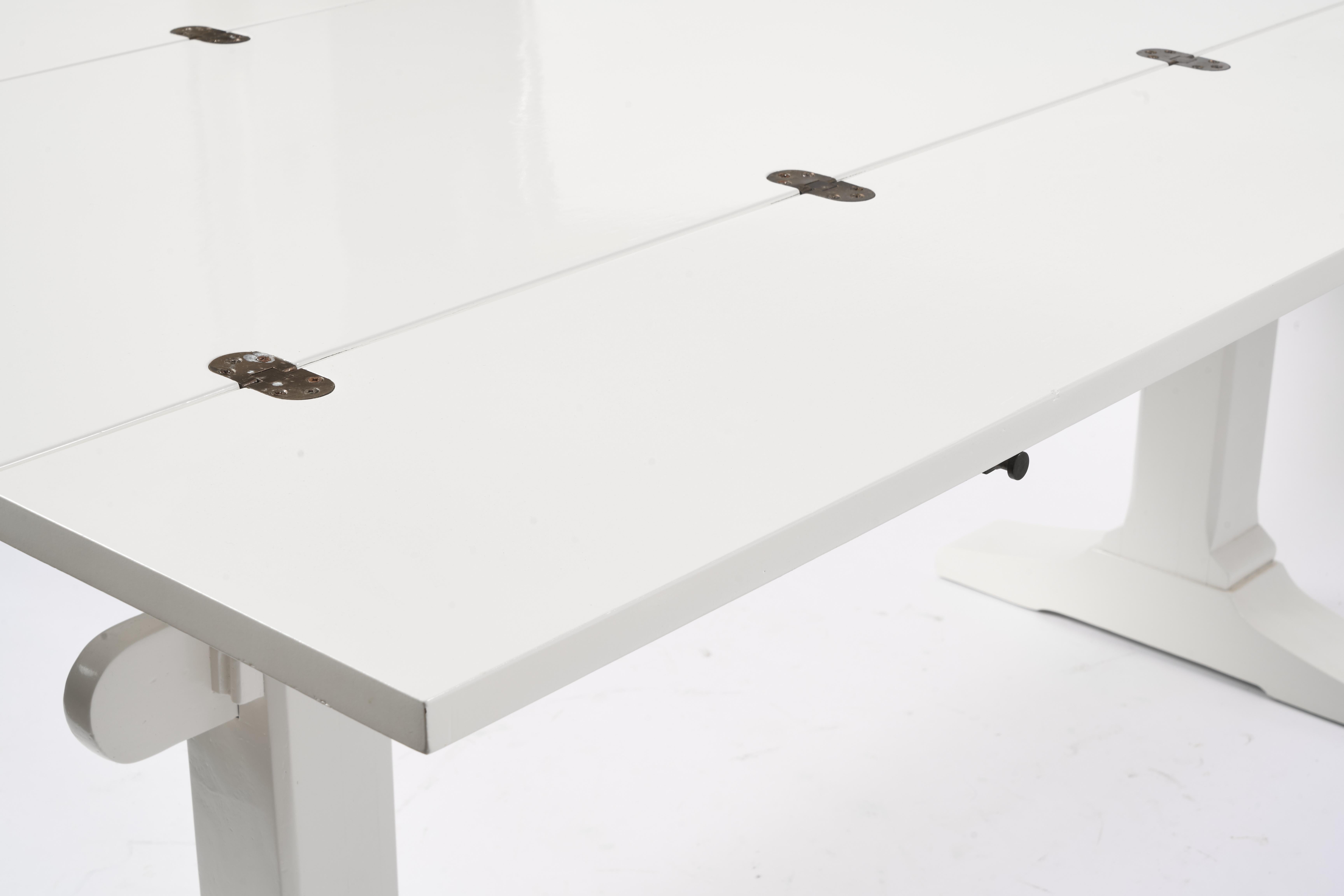 Drop Leaf Library Trestle Table, Cream Lacquer over Solid Oak For Sale 2