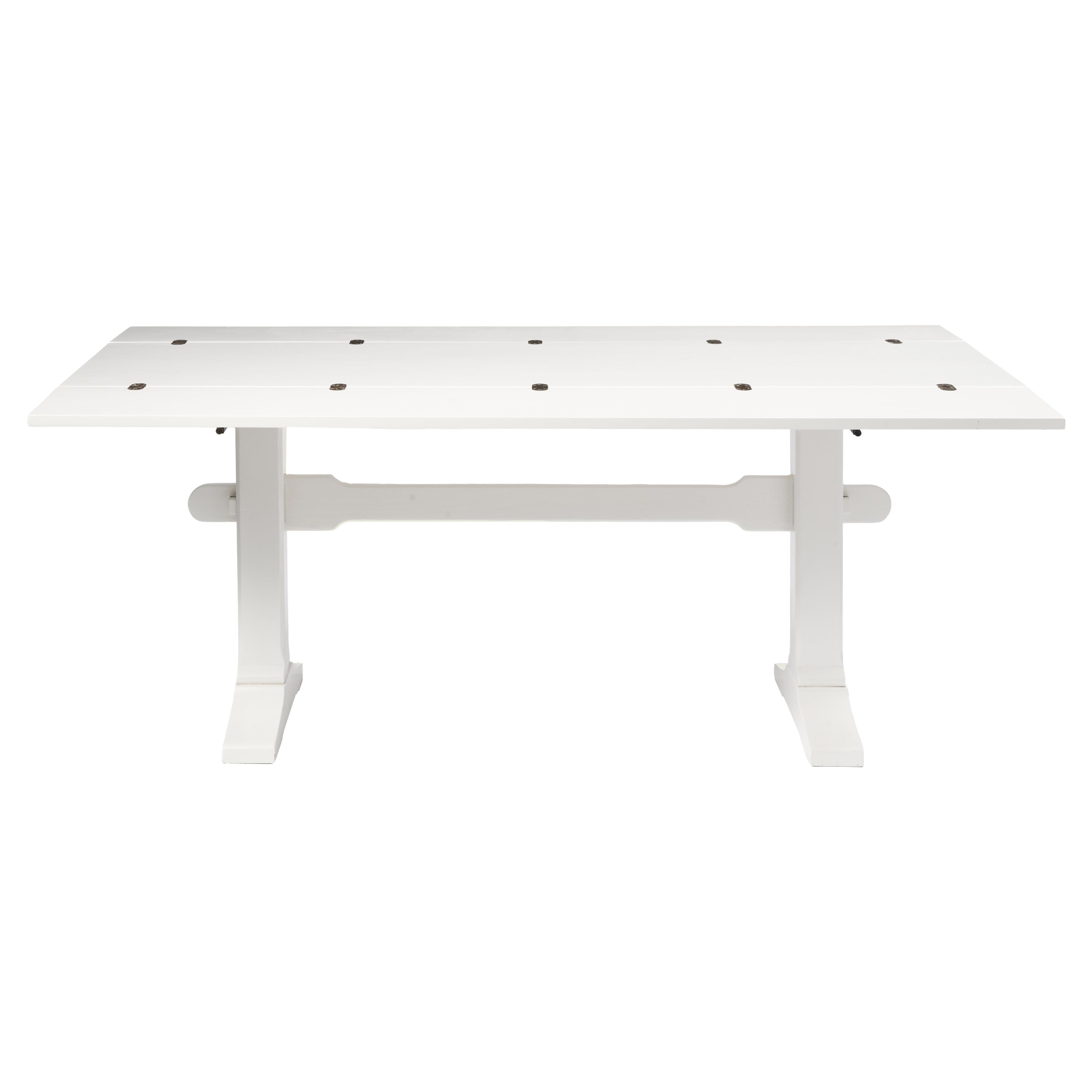 Drop Leaf Library Trestle Table, Cream Lacquer over Solid Oak For Sale