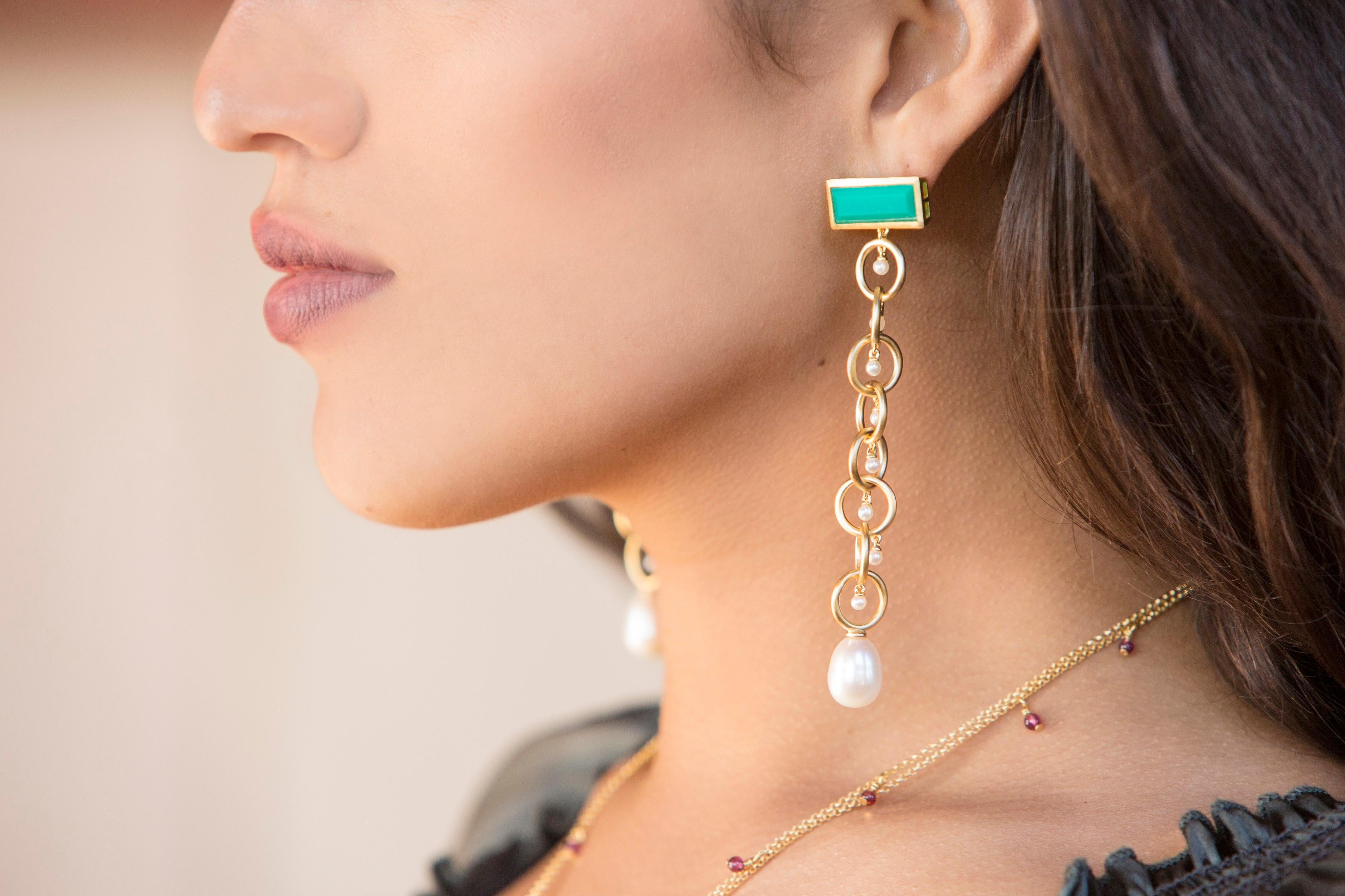 Drop Links Earrings the Rebel Queen Nefertiti with Moonstone and Pearls In New Condition In Beverly Hills, CA