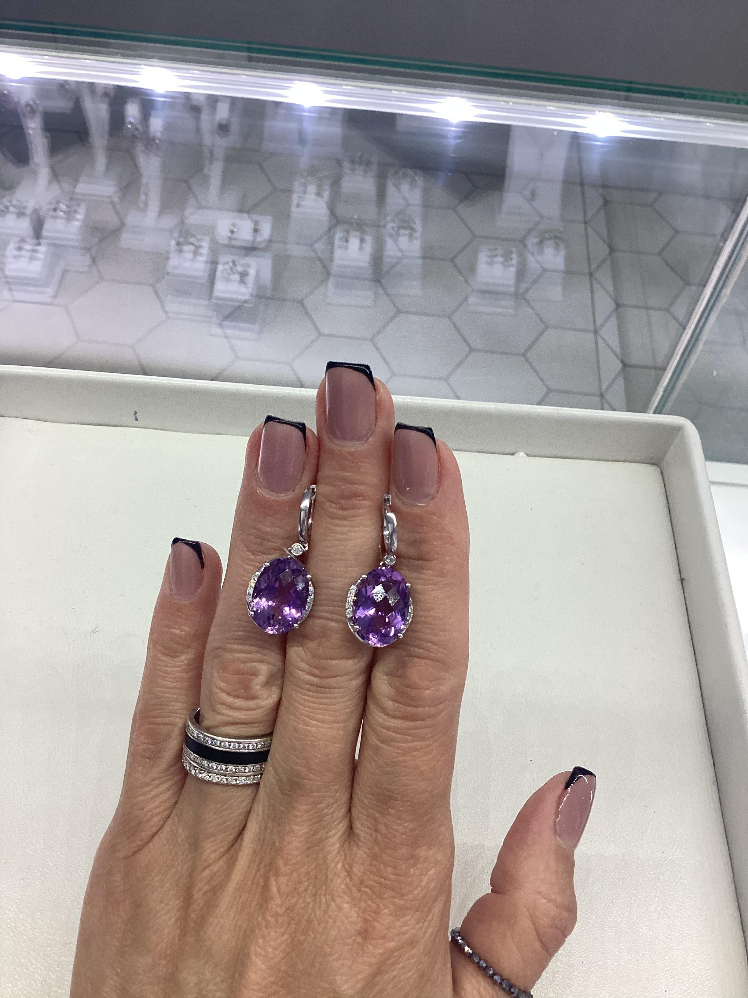 Women's Drop Modern Amethyst Diamond 14K Gold Earrings for Her For Sale