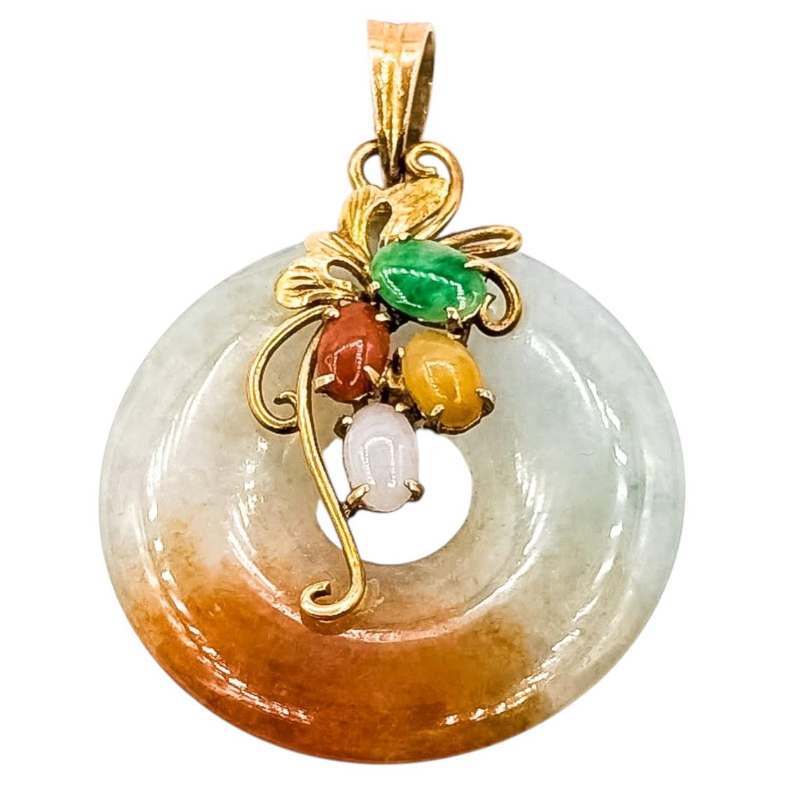 Drop Multi-Color Jade Pendant in 14k Yellow Gold For Sale