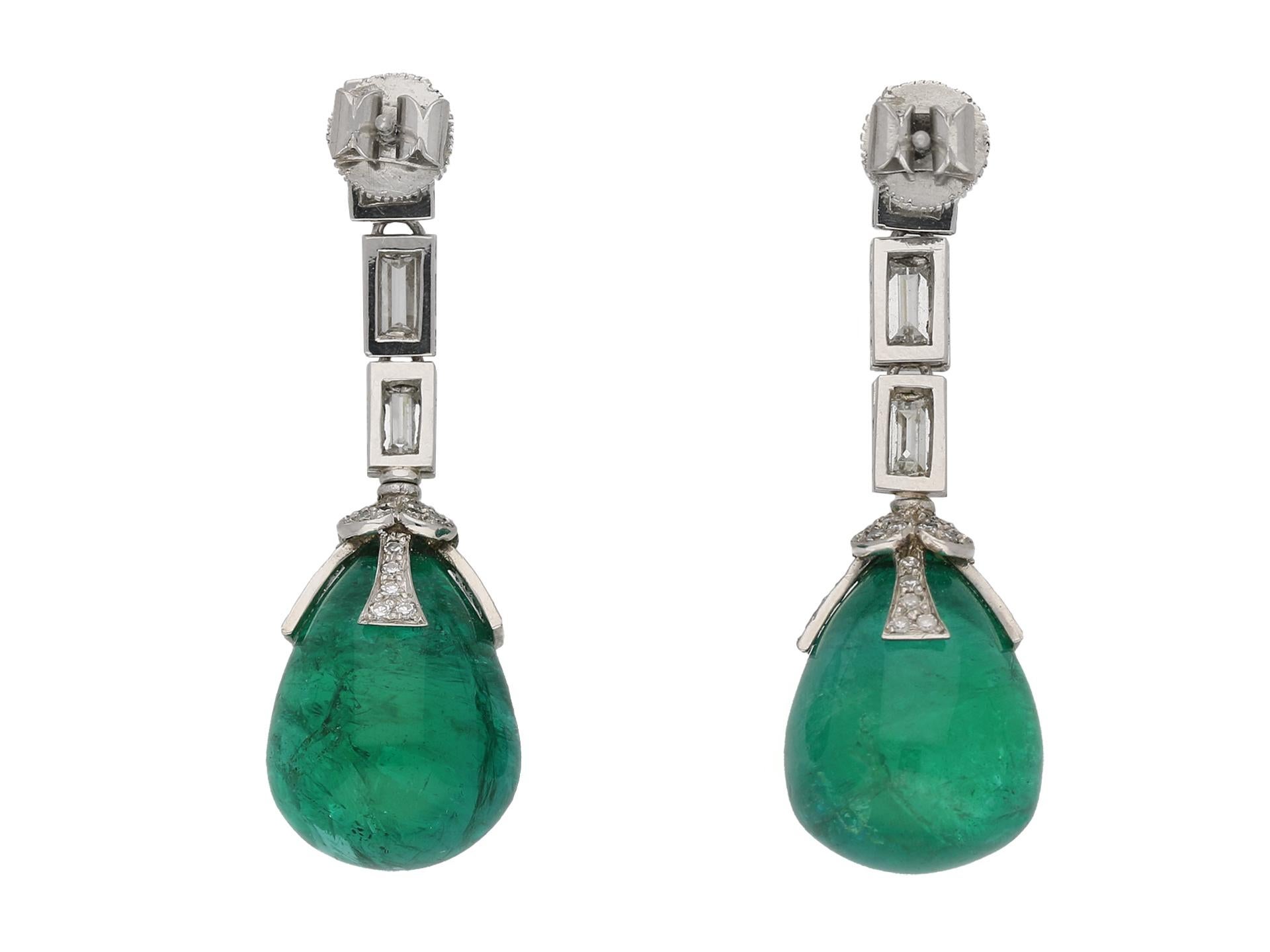 Cabochon Drop Natural Unenhanced Emerald and Diamond Earrings, circa 1970 For Sale