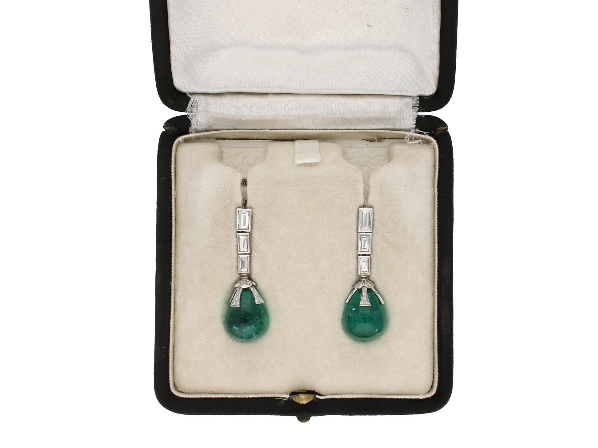 Drop Natural Unenhanced Emerald and Diamond Earrings, circa 1970 In Good Condition For Sale In London, GB