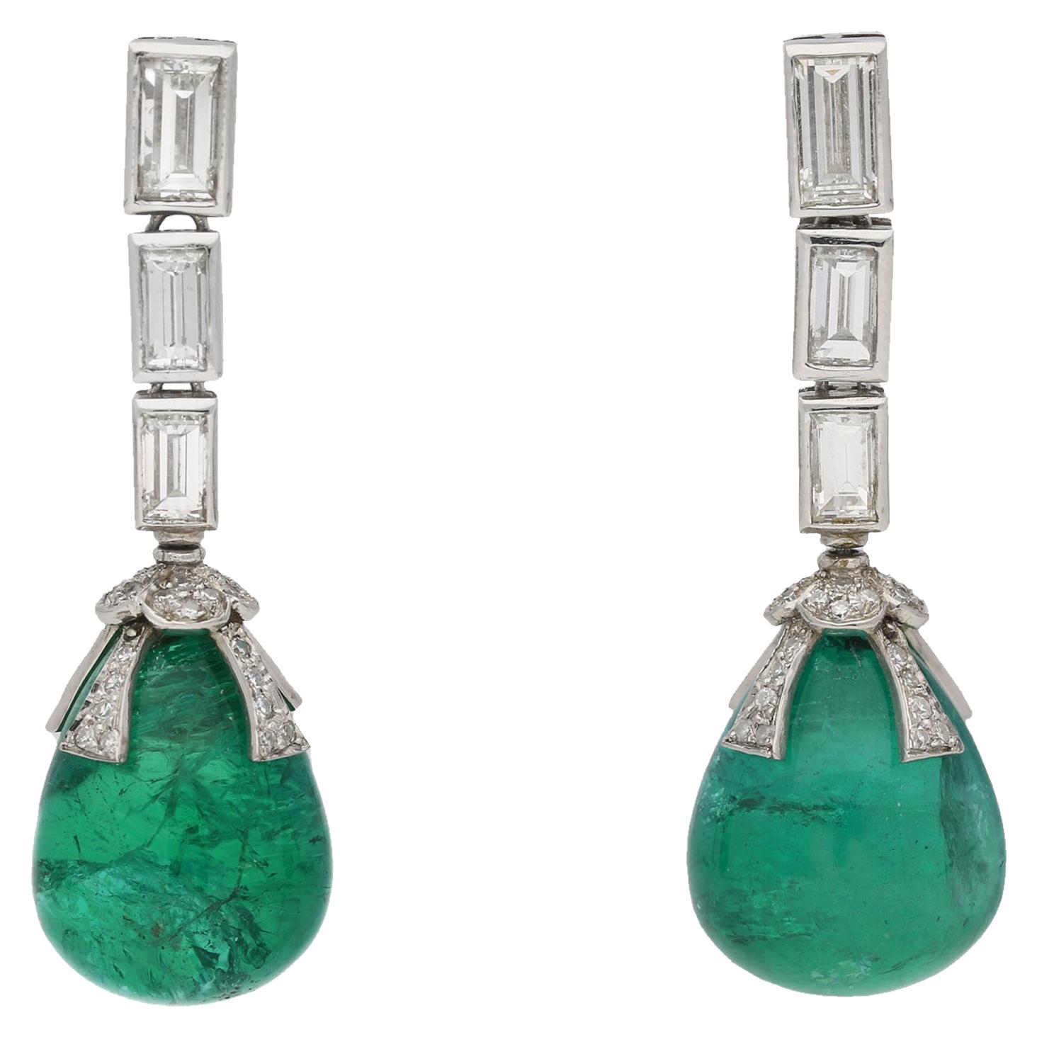 Drop Natural Unenhanced Emerald and Diamond Earrings, circa 1970